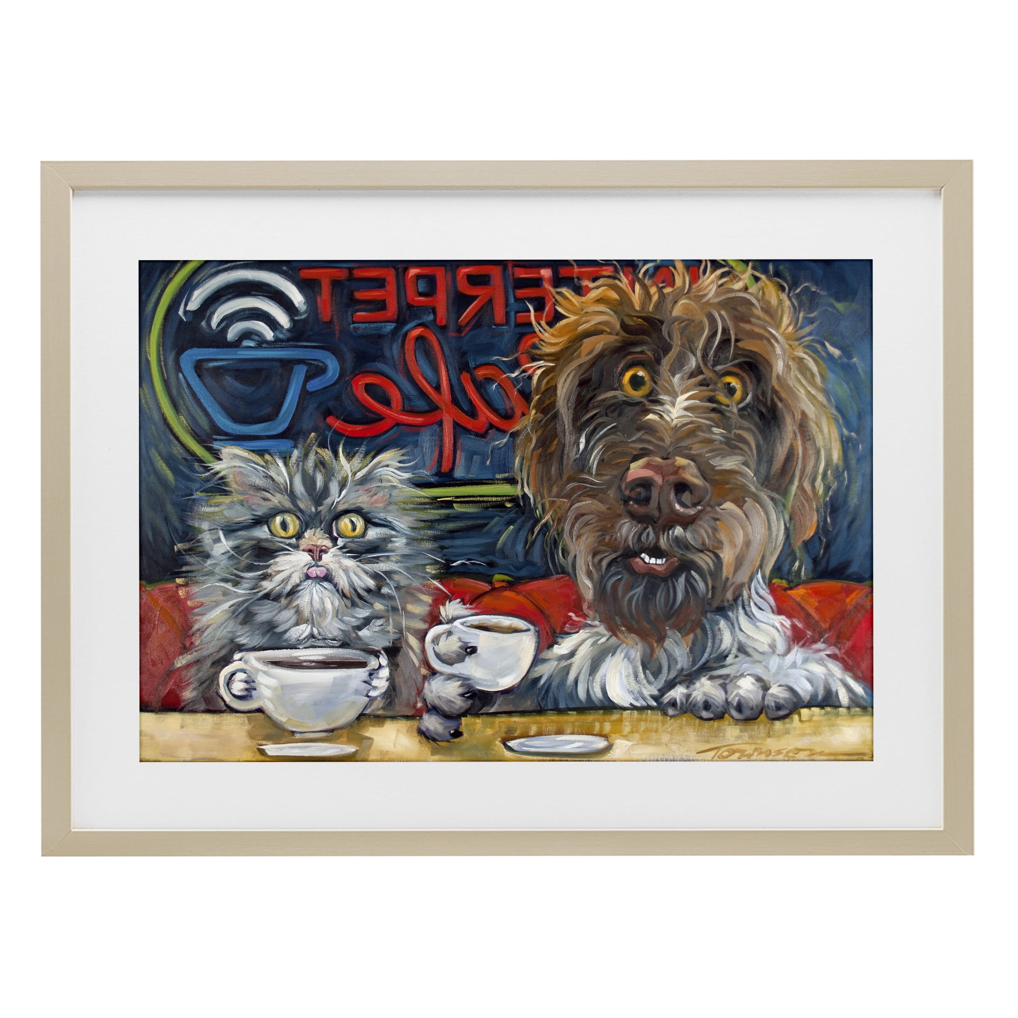 Stupell Industries Pets Wired At The Cafe Birch Framed Print Under Glass, design by CR Townsend