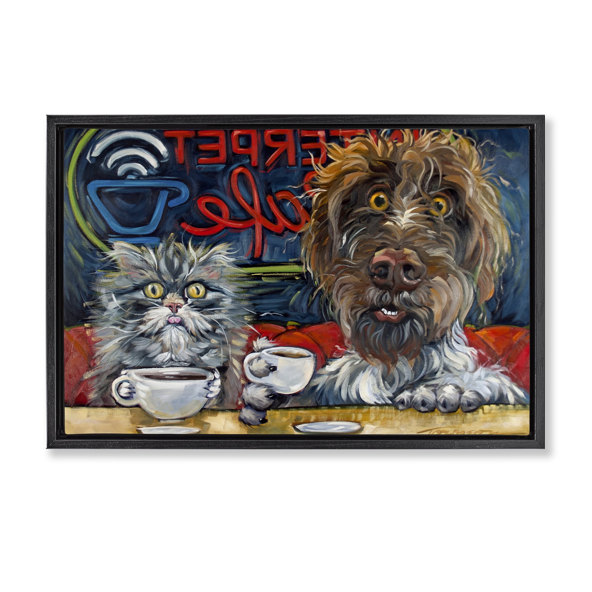 Stupell Industries Pets Wired At The Cafe Black Framed Floater Canvas Wall Art, design by CR Townsend