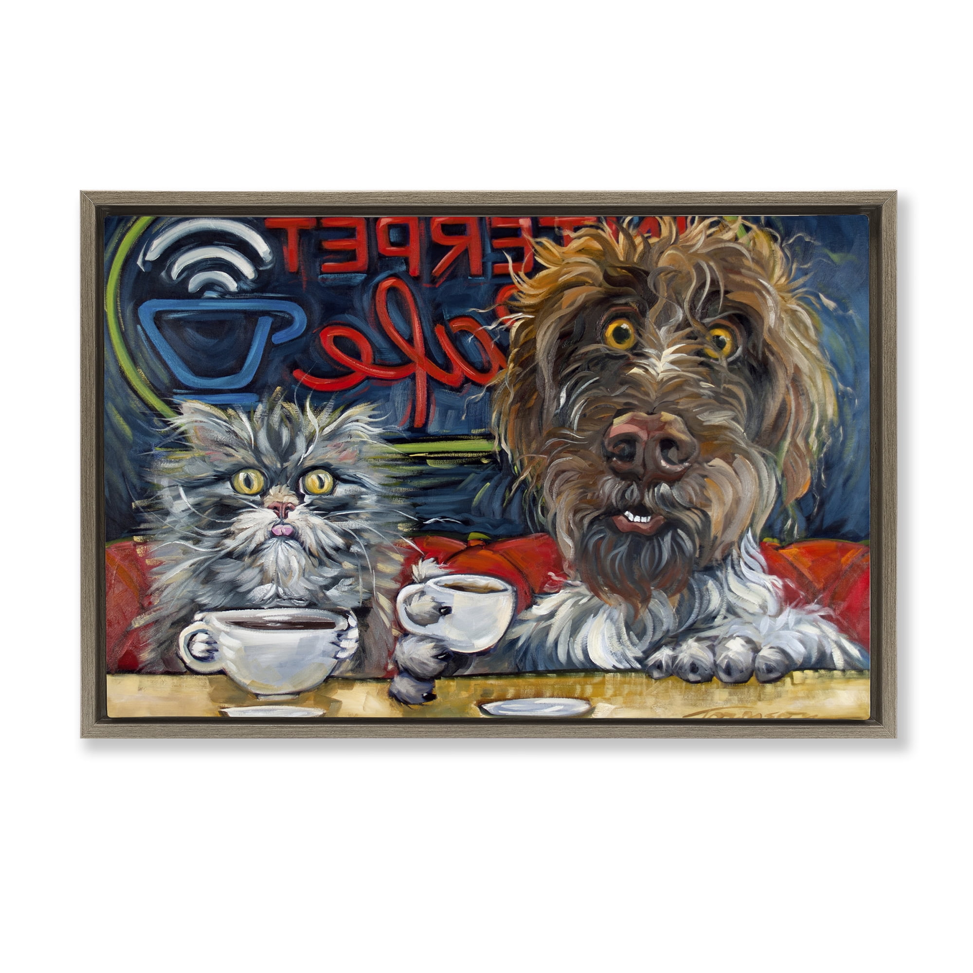 Stupell Industries Pets Wired At The Cafe Brown Framed Floater Canvas Wall Art, design by CR Townsend