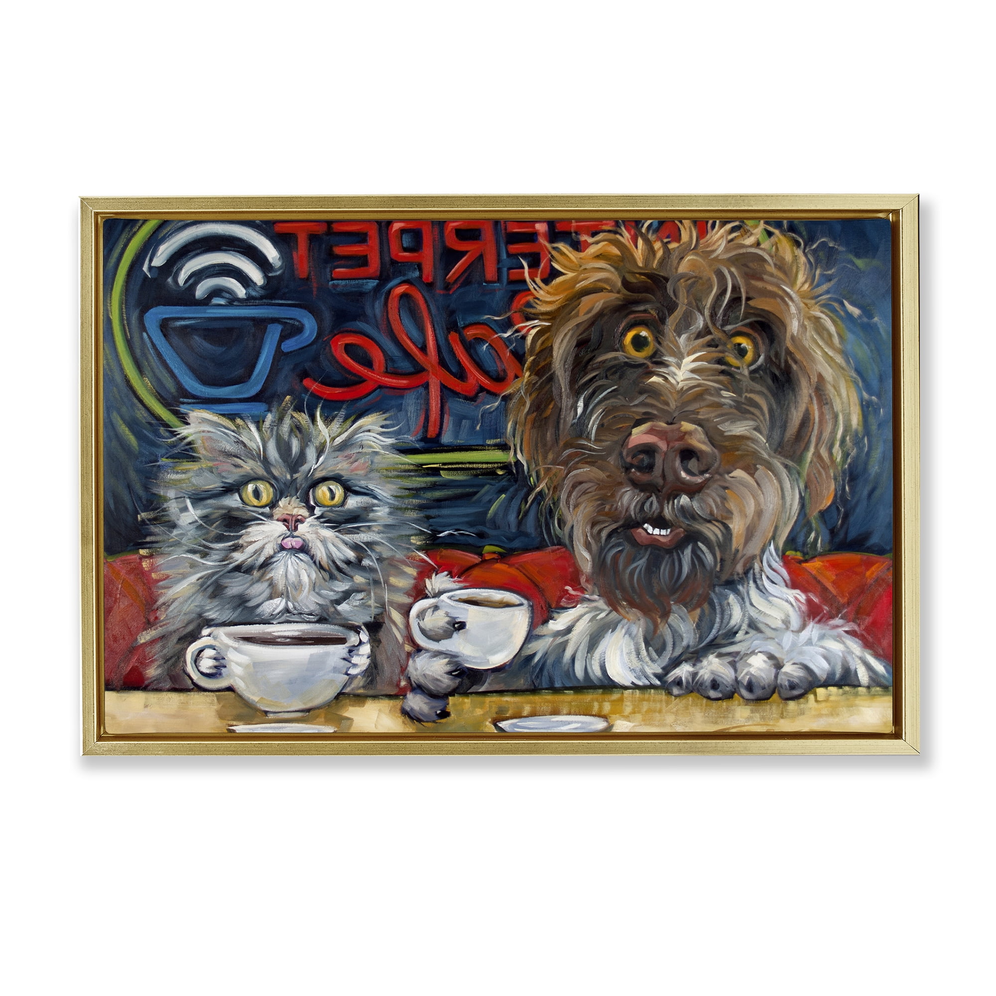 Stupell Industries Pets Wired At The Cafe Gold Framed Floater Canvas Wall Art, design by CR Townsend