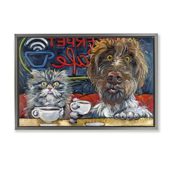 Stupell Industries Pets Wired At The Cafe Gray Framed Floater Canvas Wall Art, design by CR Townsend