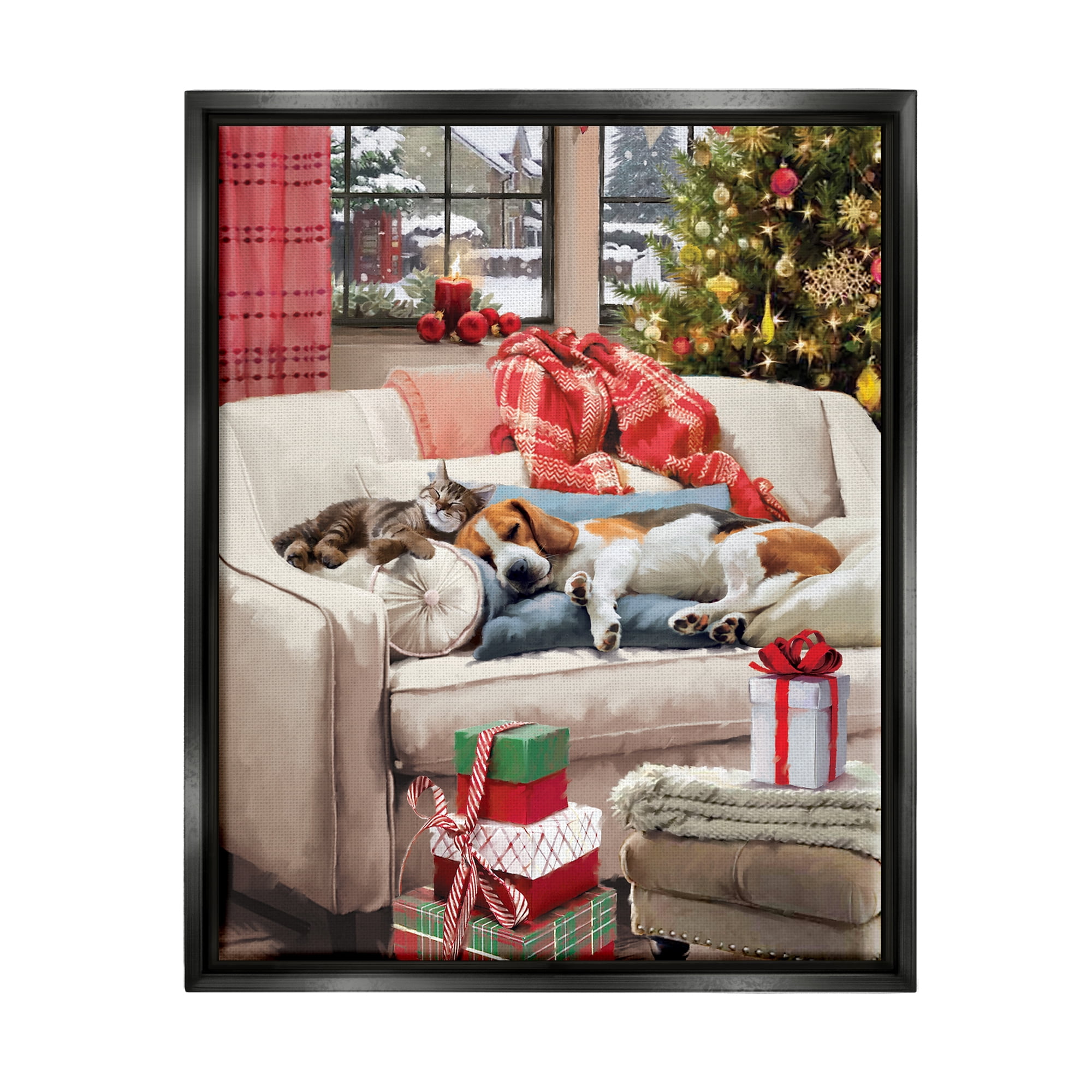 Stupell Industries Pets on Holiday Couch Holiday Painting Black Floater Framed Canvas Art Print Wall Art, 25 x 31