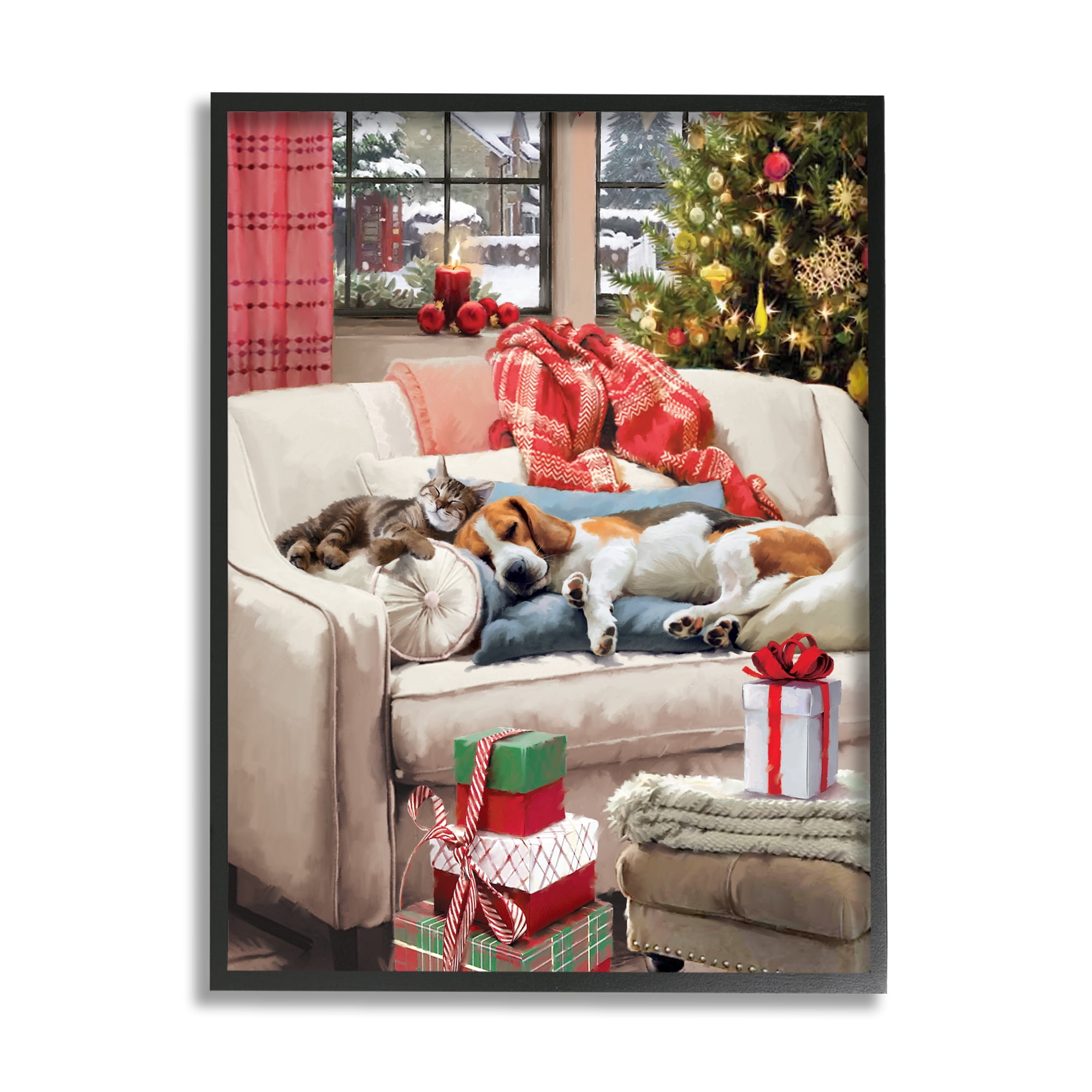 Stupell Industries Pets on Holiday Couch Holiday Painting Black Framed Art Print Wall Art, 11 x 14
