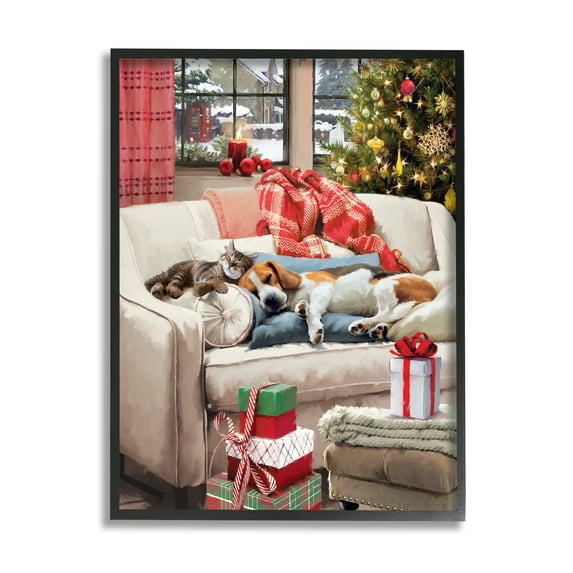 Stupell Industries Pets on Holiday Couch Holiday Painting Black Framed Art Print Wall Art, 16 x 20