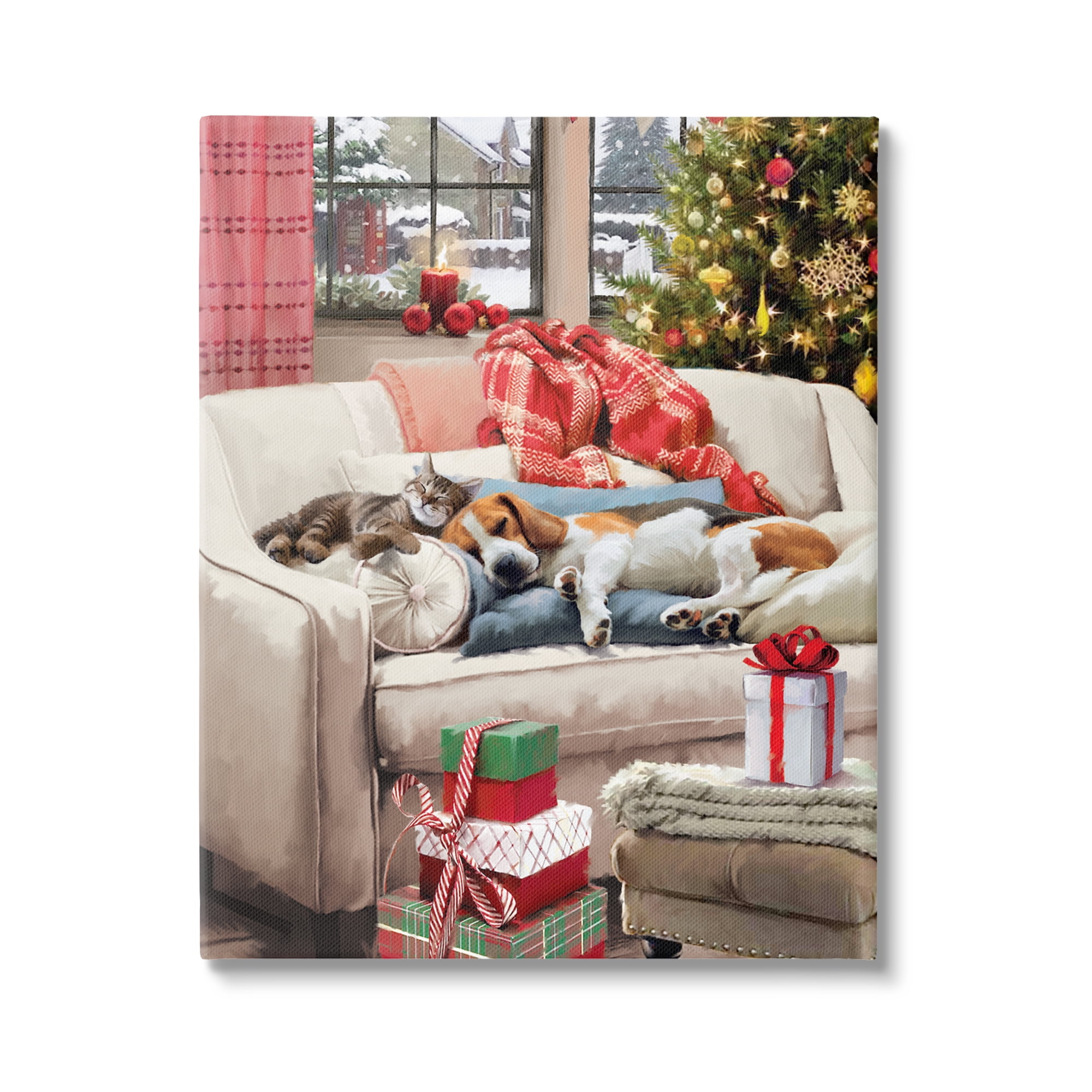 Stupell Industries Pets on Holiday Couch Holiday Painting Gallery Wrapped Canvas Art Print Wall Art, 16 x 20