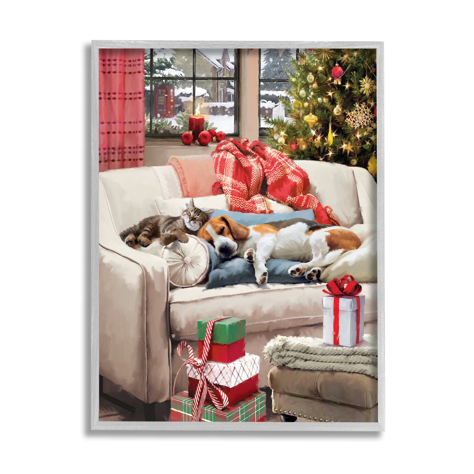 Stupell Industries Pets on Holiday Couch Holiday Painting Gray Framed Art Print Wall Art, 11 x 14