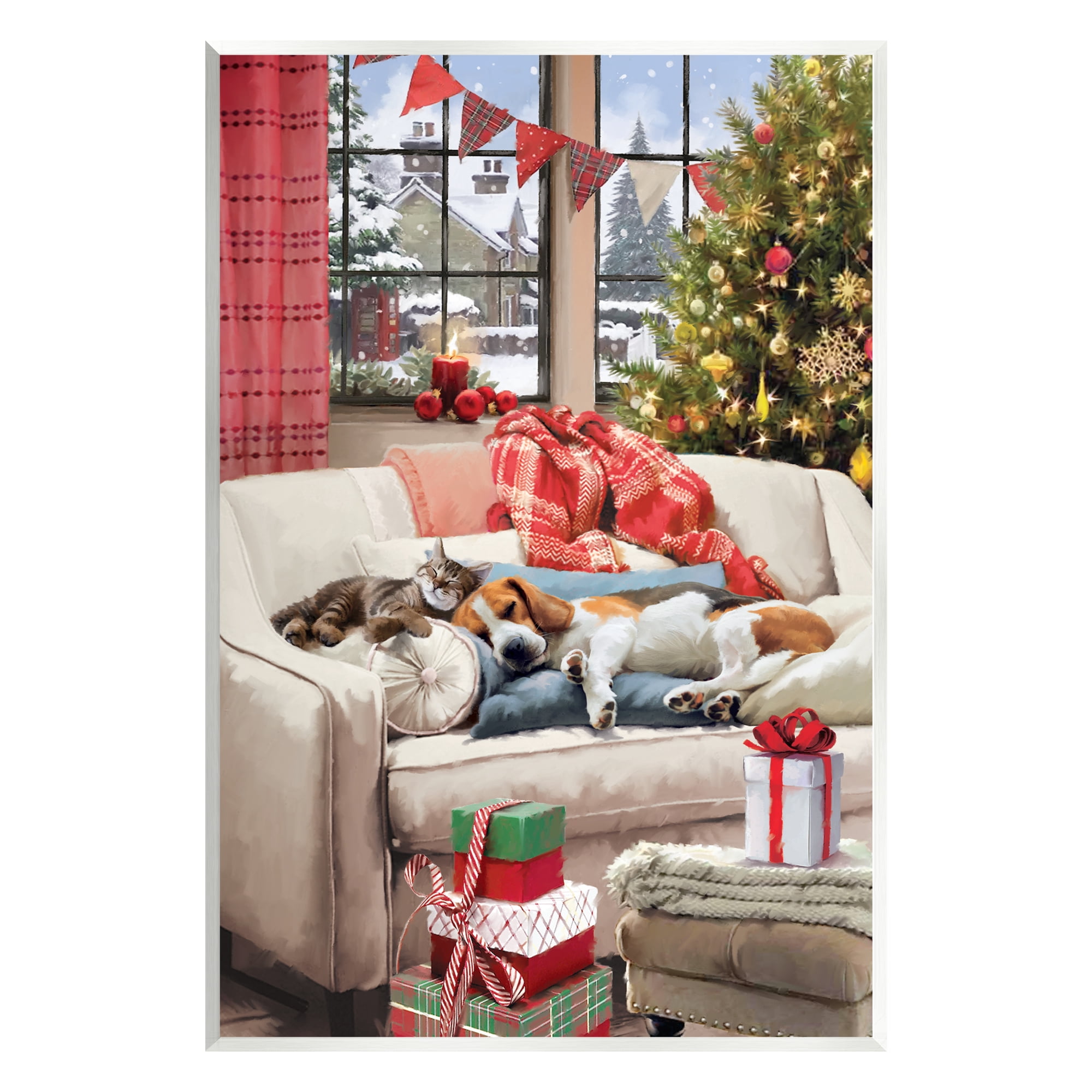 Stupell Industries Pets on Holiday Couch Holiday Painting Unframed Art Print Wall Art, 10 x 15