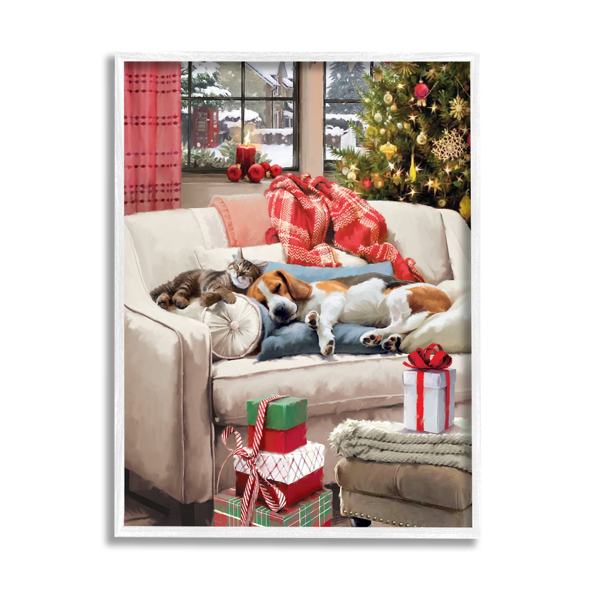 Stupell Industries Pets on Holiday Couch Holiday Painting White Framed Art Print Wall Art, 24 x 30