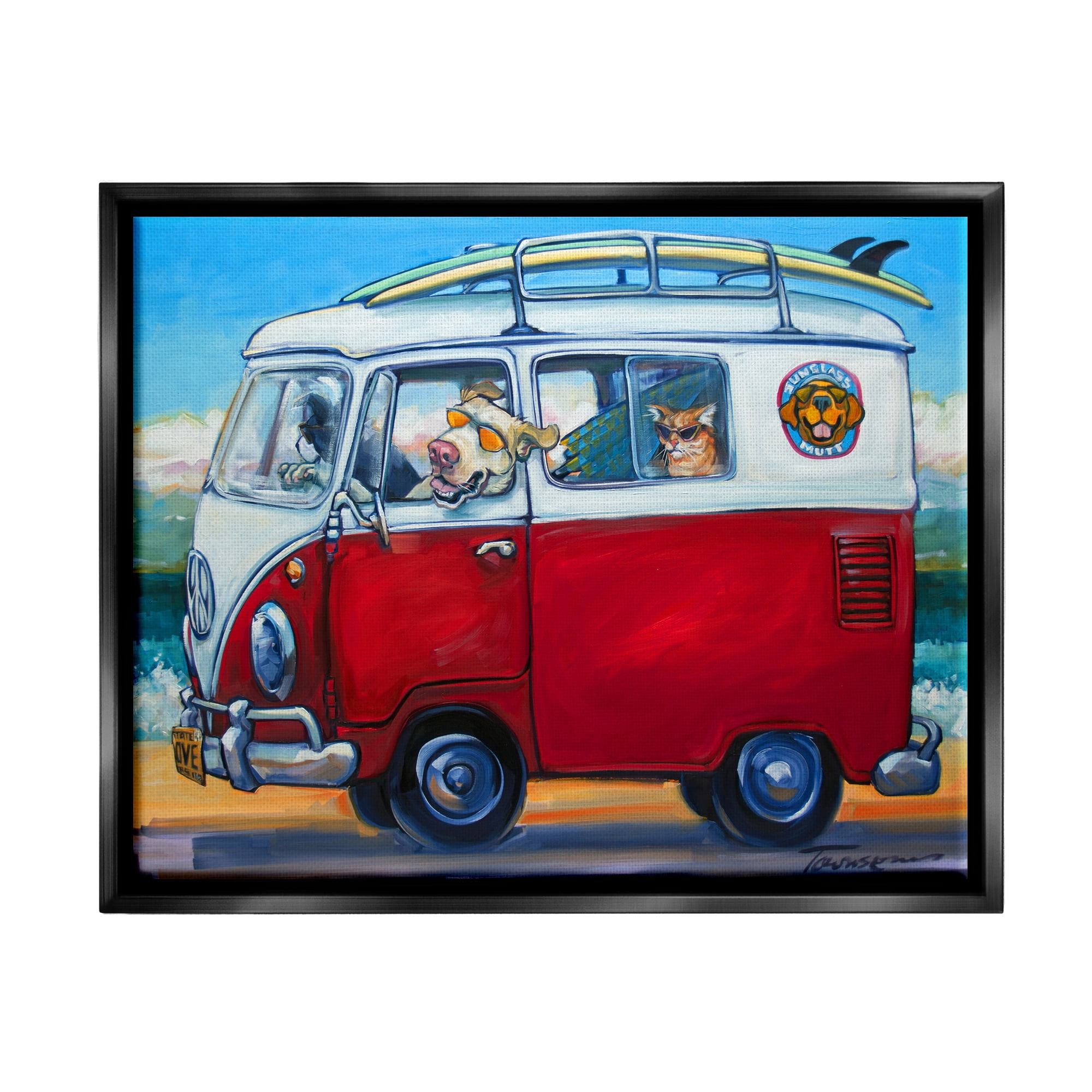 Stupell Industries Pets on Vacation Minibus Animals & Insects Painting Black Floater Framed Art Print Wall Art, 21 x 17