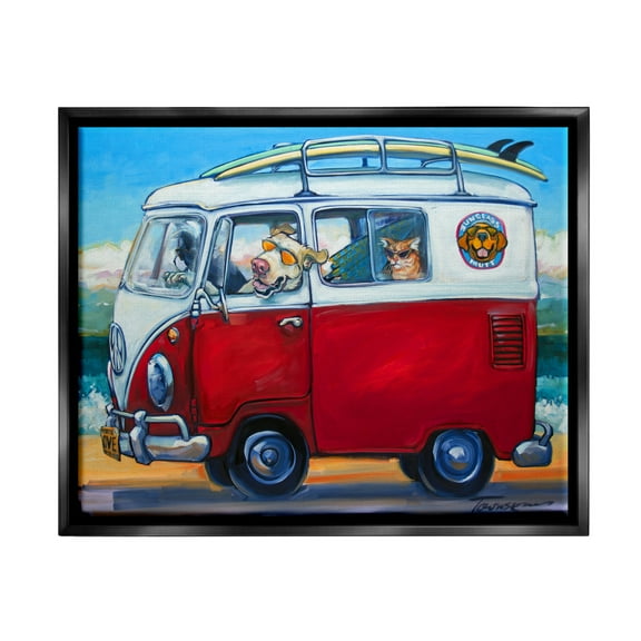 Stupell Industries Pets on Vacation Minibus Animals & Insects Painting Black Floater Framed Art Print Wall Art, 21 x 17