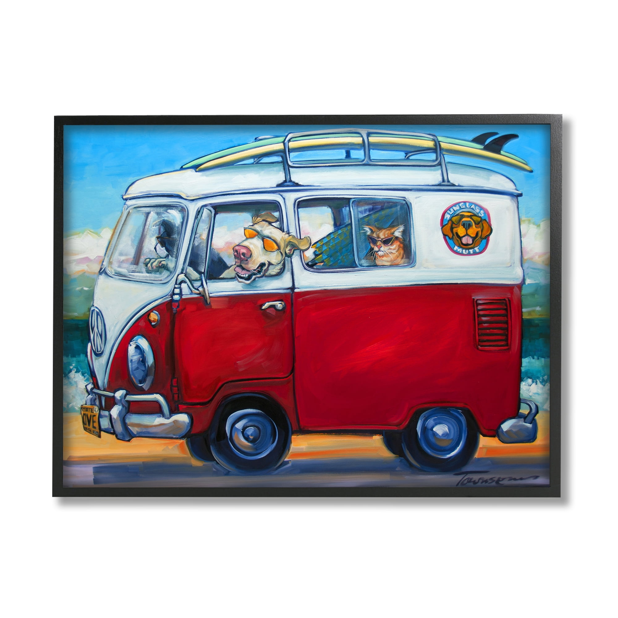 Stupell Industries Pets on Vacation Minibus Animals & Insects Painting Black Framed Art Print Wall Art, 30 x 24