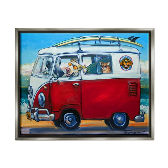 Stupell Industries Pets on Vacation Minibus Animals & Insects Painting Gray Floater Framed Art Print Wall Art, 21 x 17