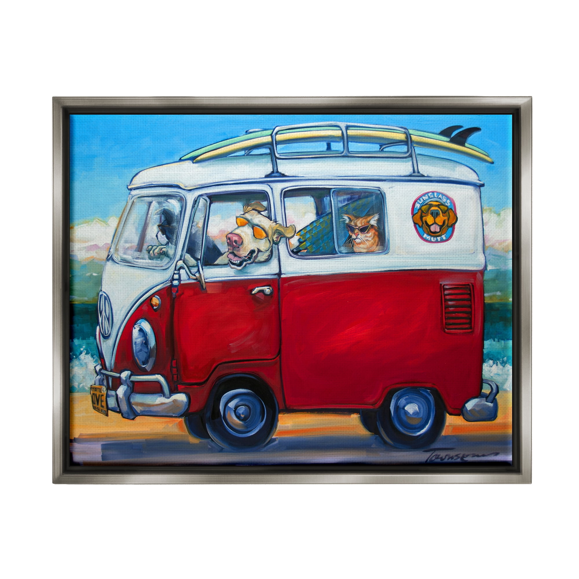 Stupell Industries Pets on Vacation Minibus Animals & Insects Painting Gray Floater Framed Art Print Wall Art, 31 x 25