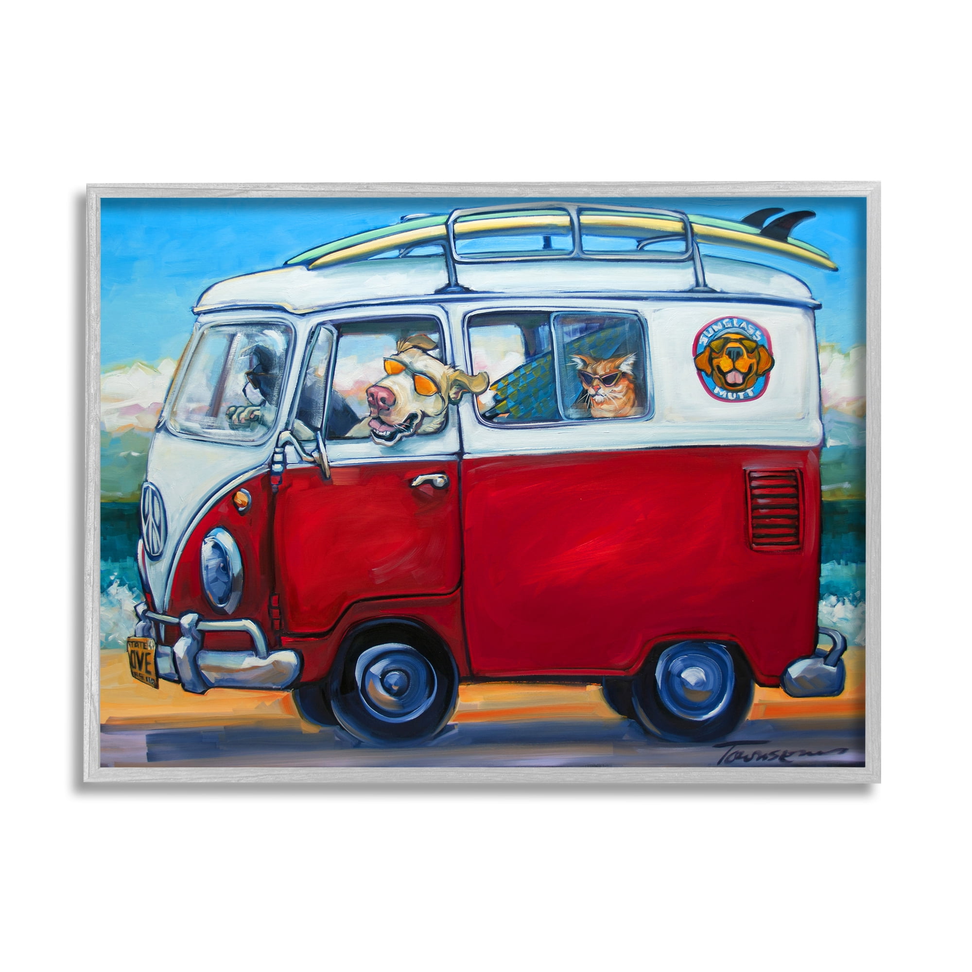 Stupell Industries Pets on Vacation Minibus Animals & Insects Painting Gray Framed Art Print Wall Art, 20 x 16