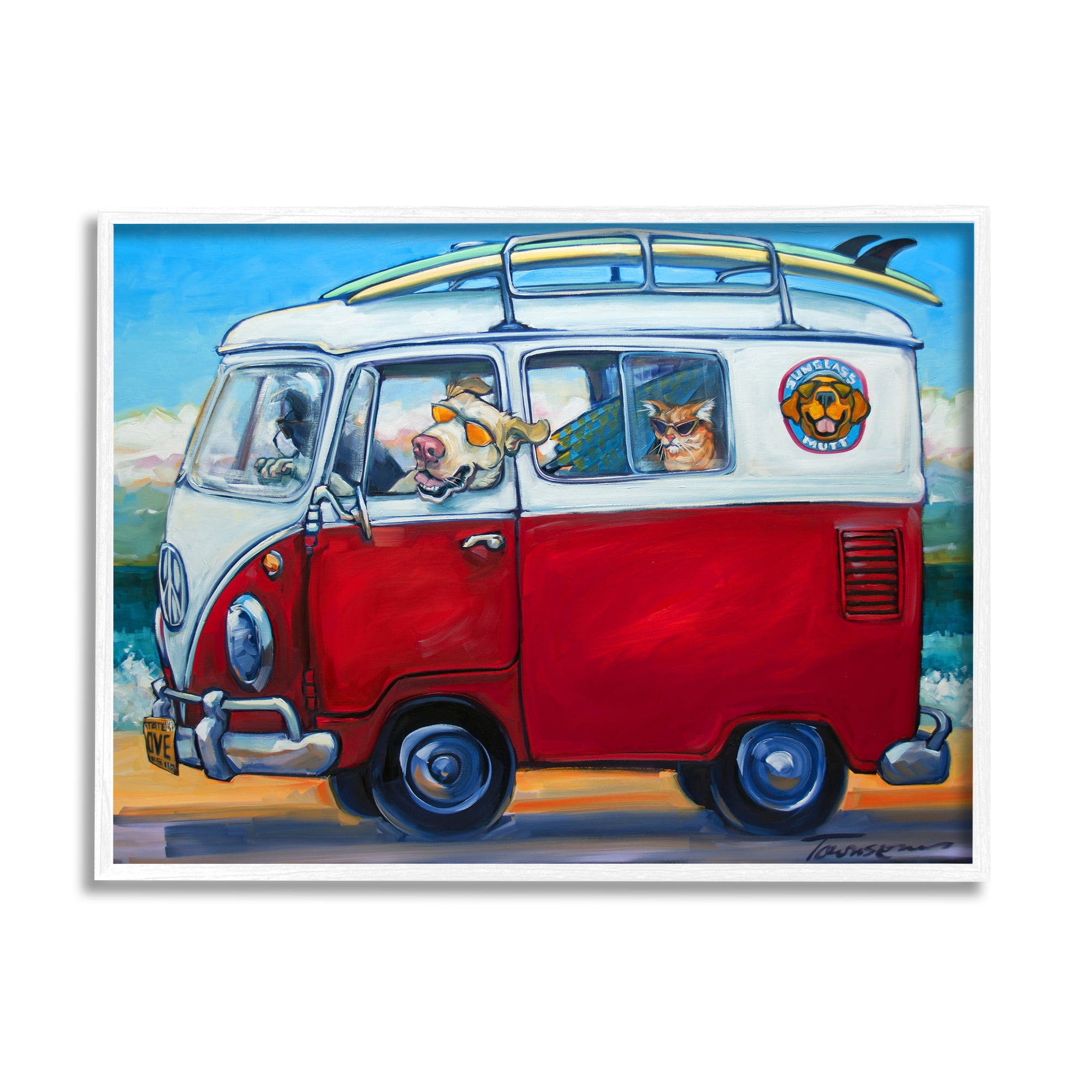 Stupell Industries Pets on Vacation Minibus Animals & Insects Painting White Framed Art Print Wall Art, 30 x 24