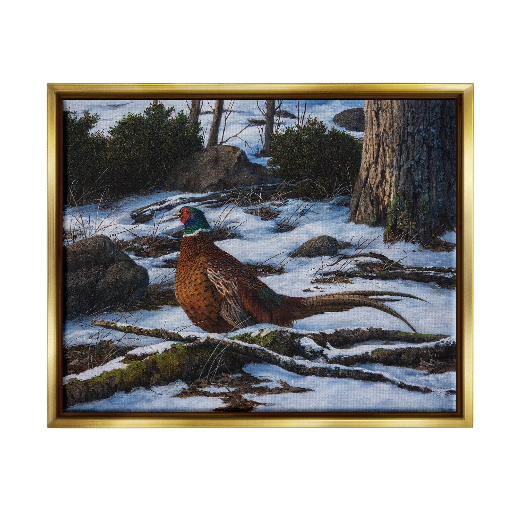 Stupell Industries Pheasant in Snowy Woods Animals & Insects Painting Gold Floater Framed Canvas Art Print Wall Art, 21 x 17