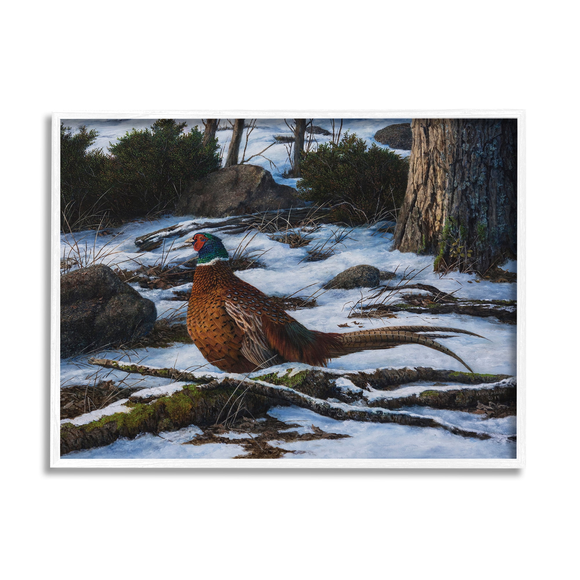 Stupell Industries Pheasant in Snowy Woods Animals & Insects Painting White Framed Art Print Wall Art, 20 x 16