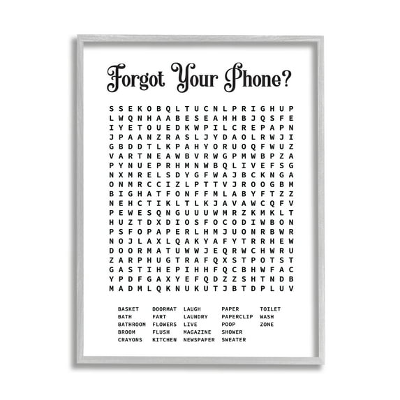 Stupell Industries Phone Crossword Puzzle Bathroom Word Design Graphic Art Gray Framed Art Print Wall Art, 16x20, by Lettered and Lined