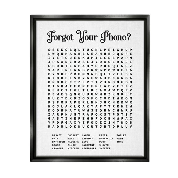 Stupell Industries Phone Crossword Puzzle Bathroom Word Design Jet Black Framed Floating Canvas Wall Art, 16x20, by Lettered and Lined