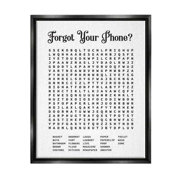 Stupell Industries Phone Crossword Puzzle Bathroom Word Design Jet Black Framed Floating Canvas Wall Art, 24x30, by Lettered and Lined