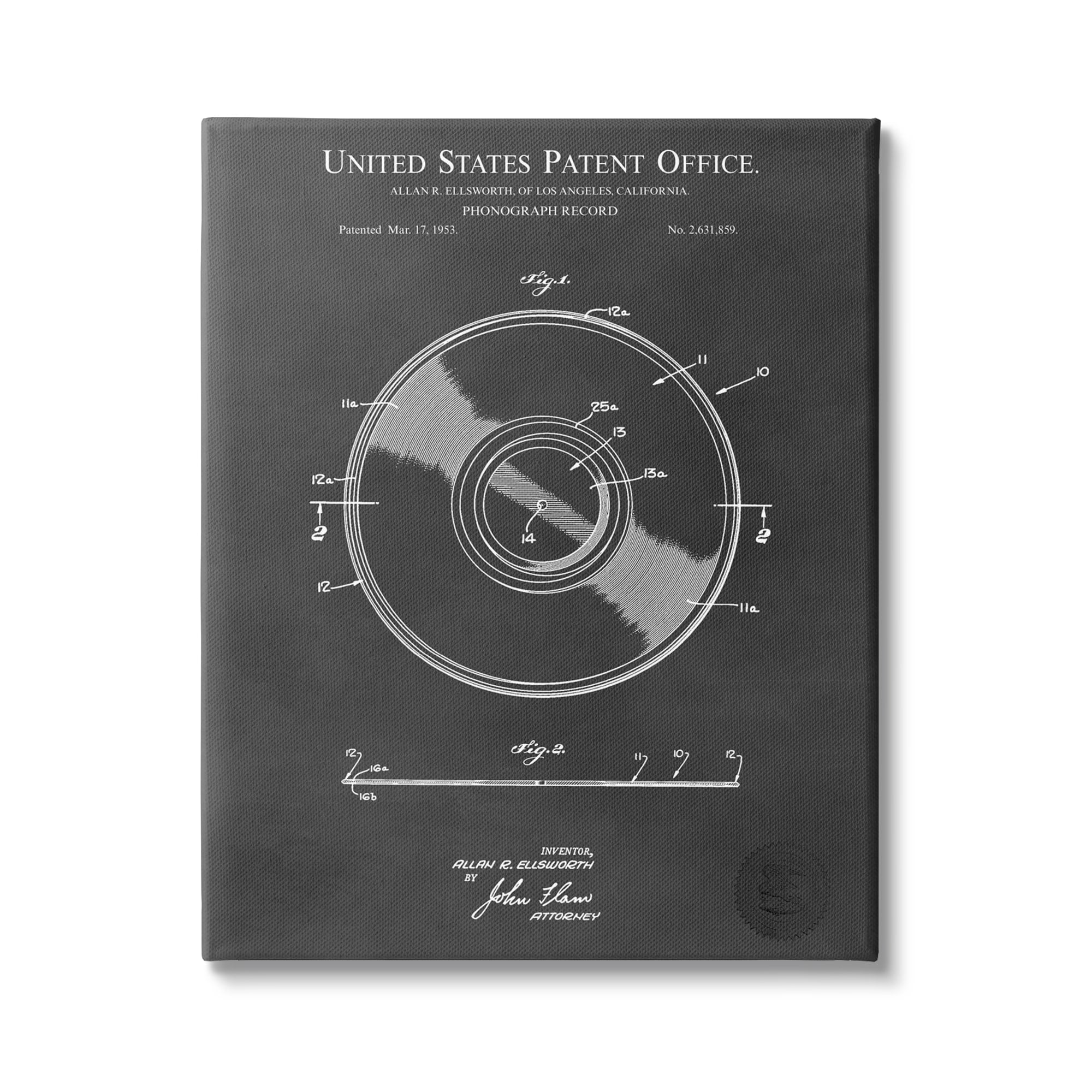 Stupell Industries Phonograph Record Player Detailed Music Diagram Blueprint Canvas Wall Art, 36 x 48, Design by Karl Hronek