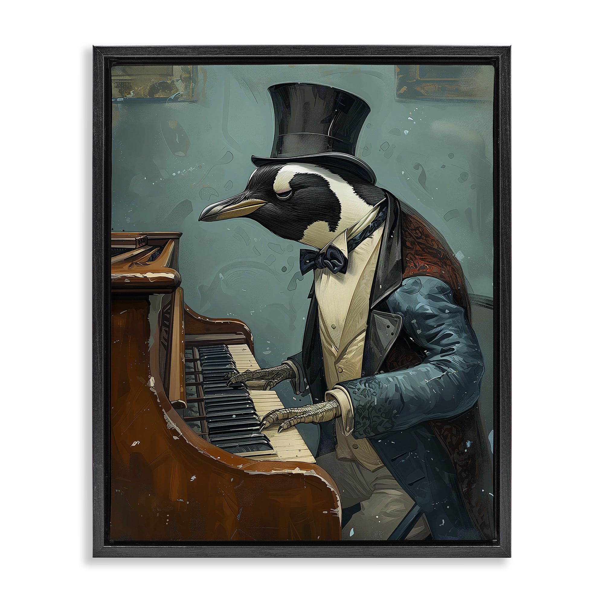 Stupell Industries Piano Playing Penguin Animals & Insects Painting Black Floater Framed Canvas Art Print Wall Art, 17 x 21
