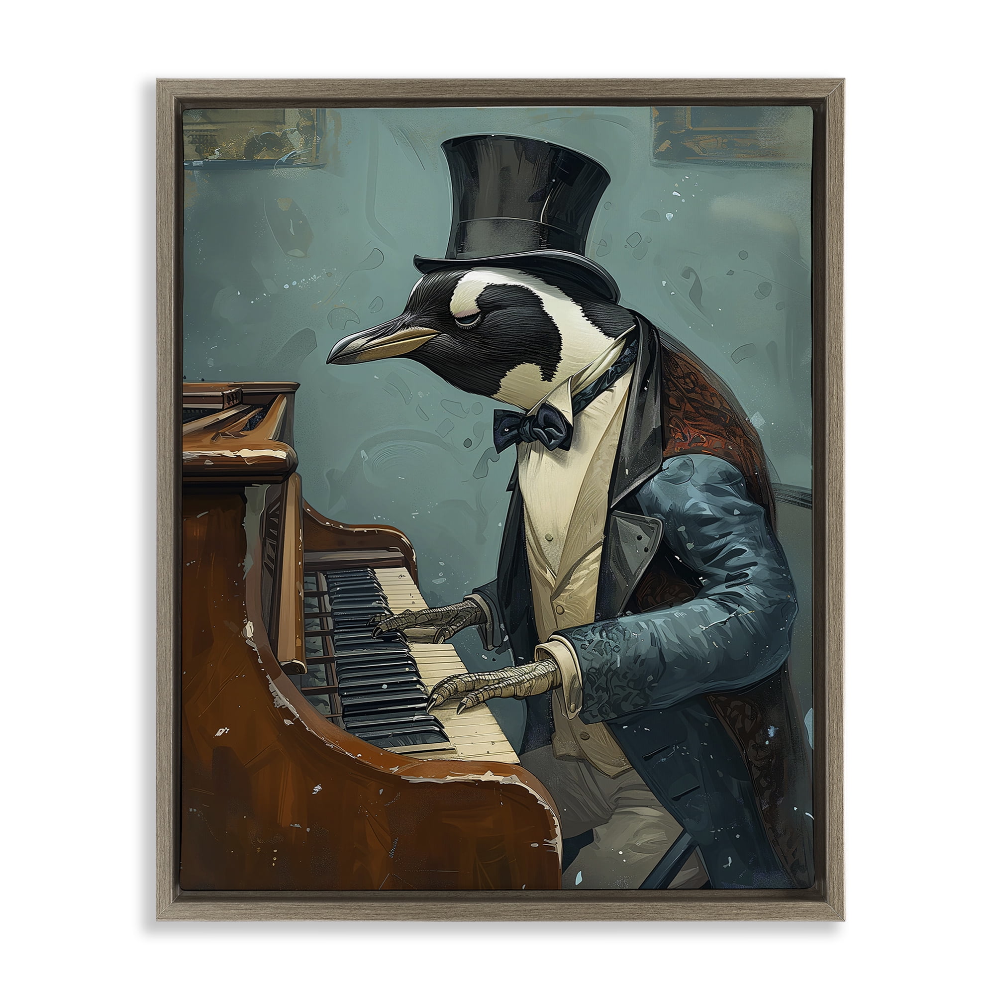 Stupell Industries Piano Playing Penguin Animals & Insects Painting Brown Floater Framed Canvas Art Print Wall Art, 17 x 21