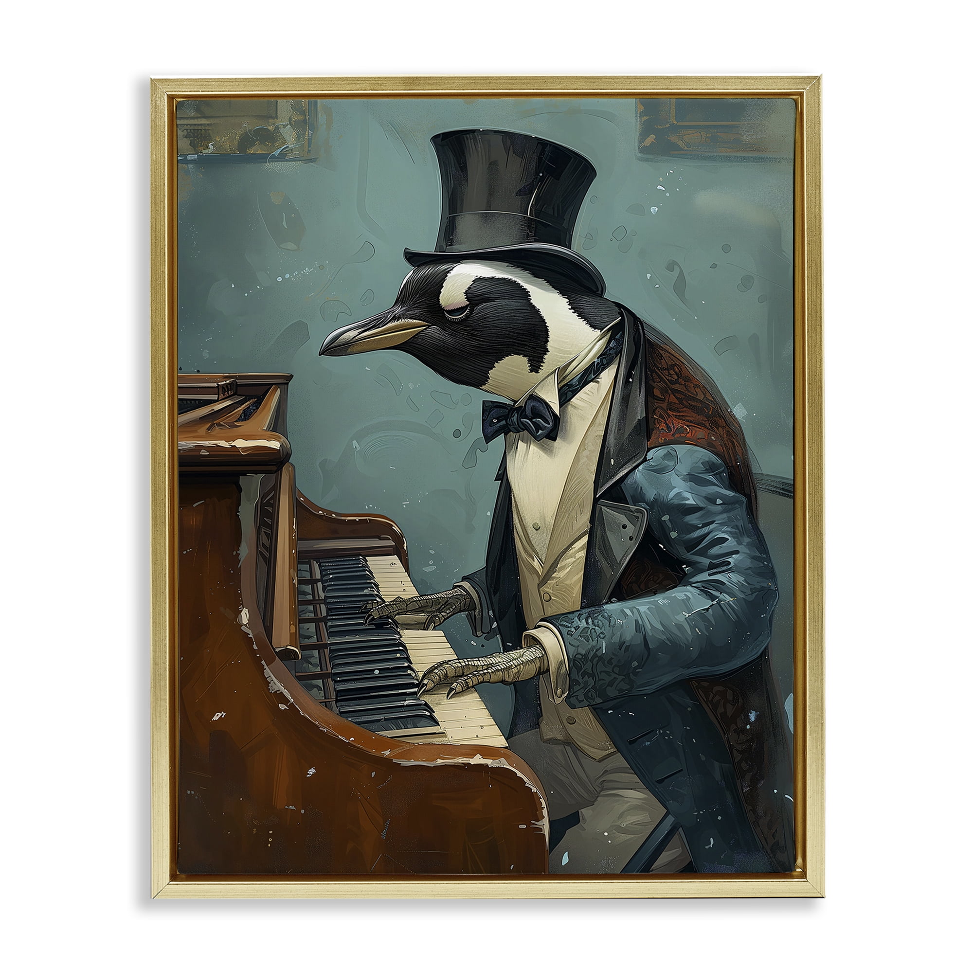 Stupell Industries Piano Playing Penguin Animals & Insects Painting Gold Floater Framed Canvas Art Print Wall Art, 25 x 31