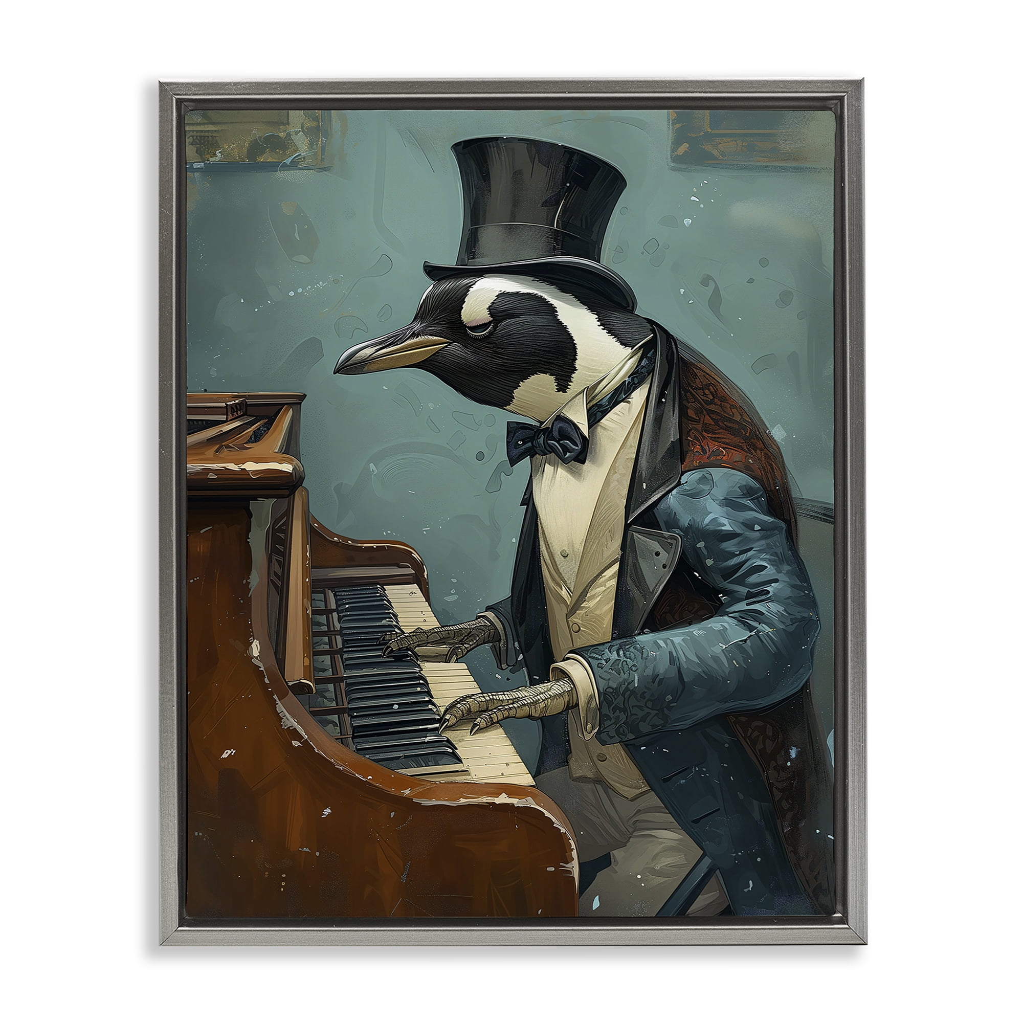Stupell Industries Piano Playing Penguin Animals & Insects Painting Gray Floater Framed Canvas Art Print Wall Art, 17 x 21