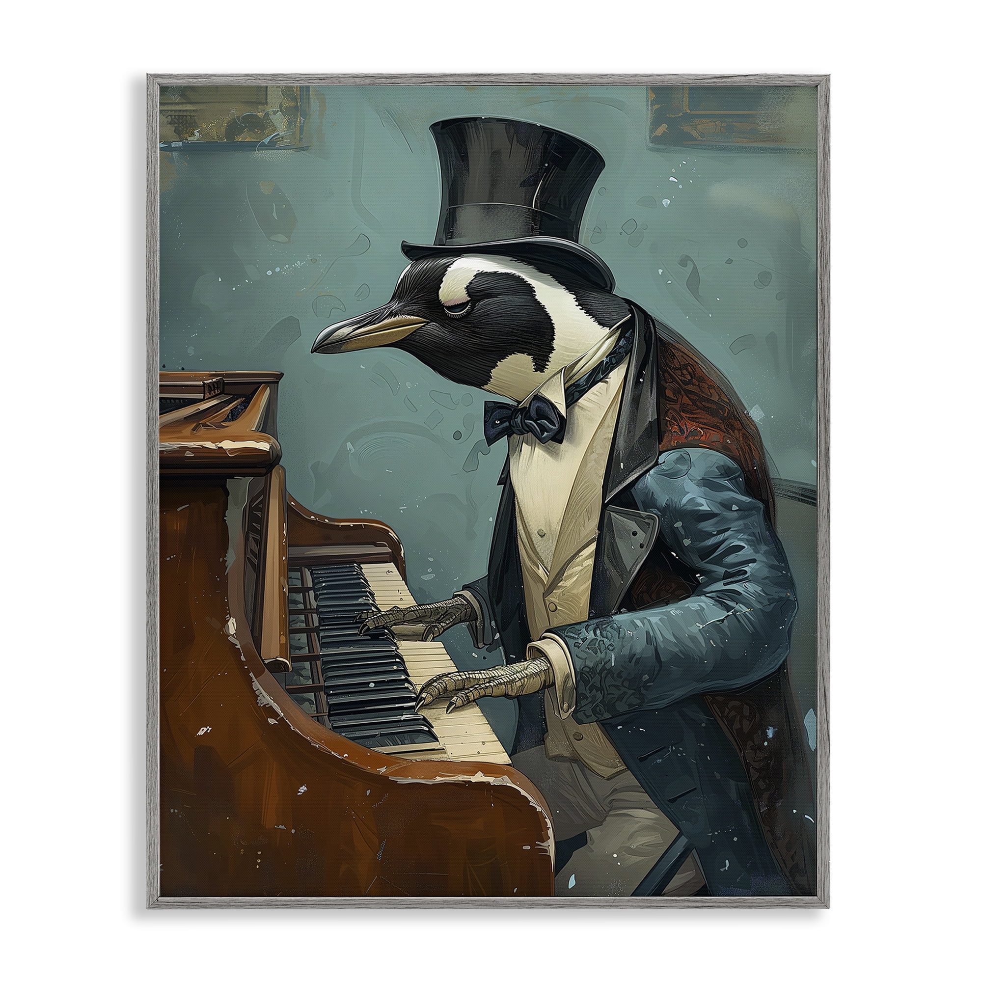 Stupell Industries Piano Playing Penguin Animals & Insects Painting Gray Framed Art Print Wall Art, 24 x 30