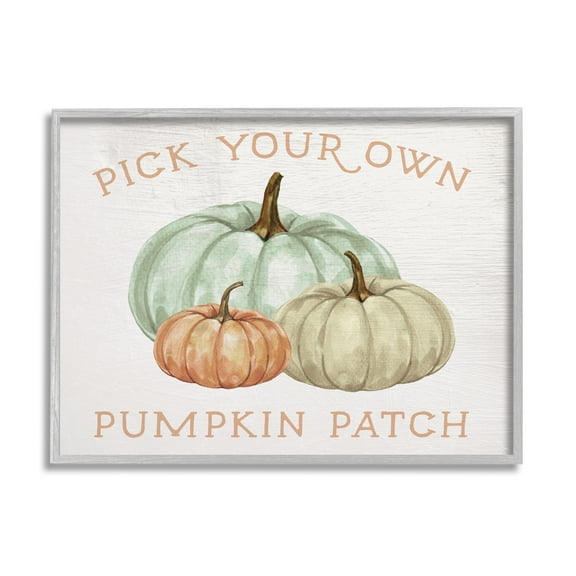 Stupell Industries Pick Your Own Pumpkin Patch Sign Gourd Trio Graphic Art Gray Framed Art Print Wall Art, 14x11, by Daphne Polselli
