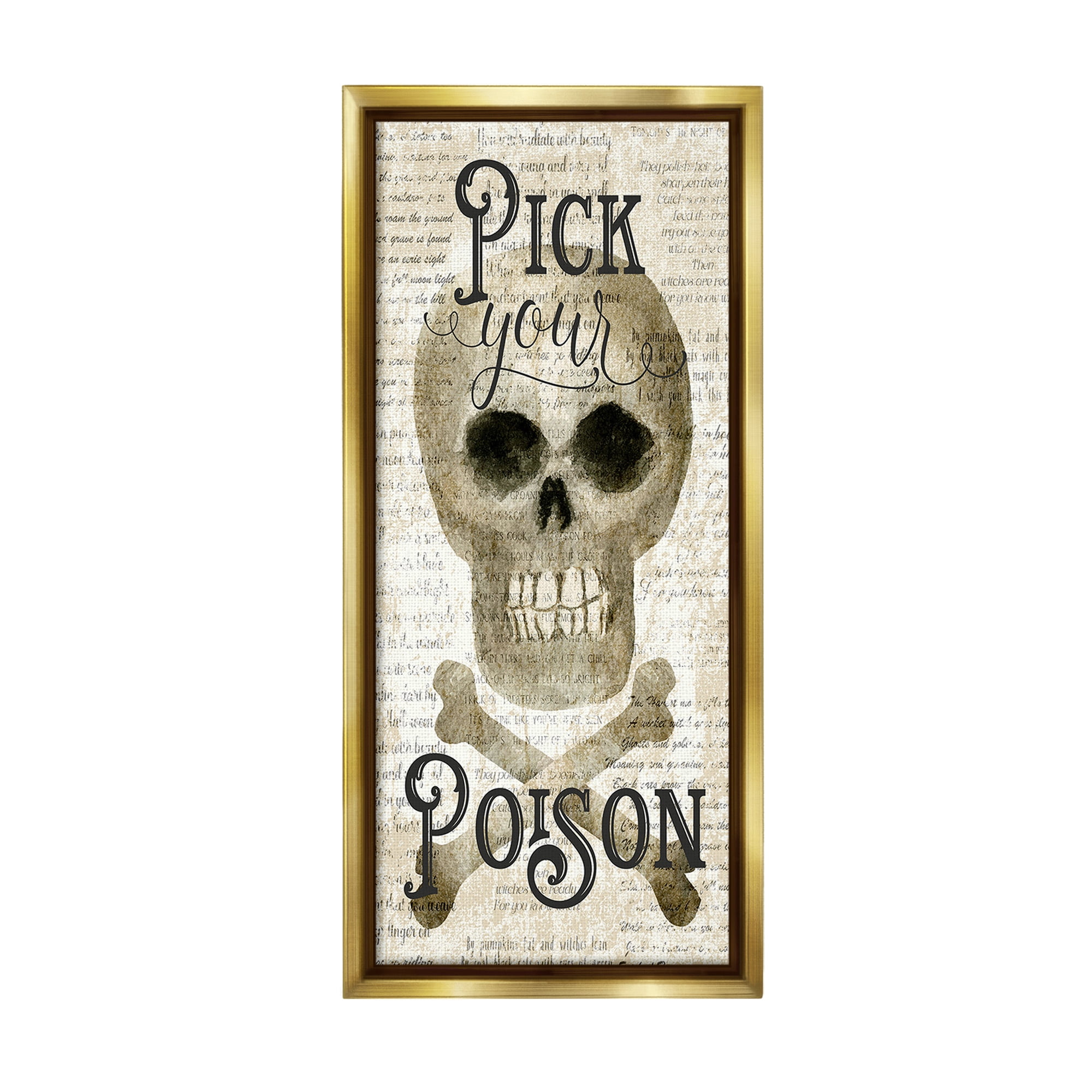 Stupell Industries Pick Your Poison Skull Holiday Painting Gold Floater Framed Canvas Art Print Wall Art, 14 x 31