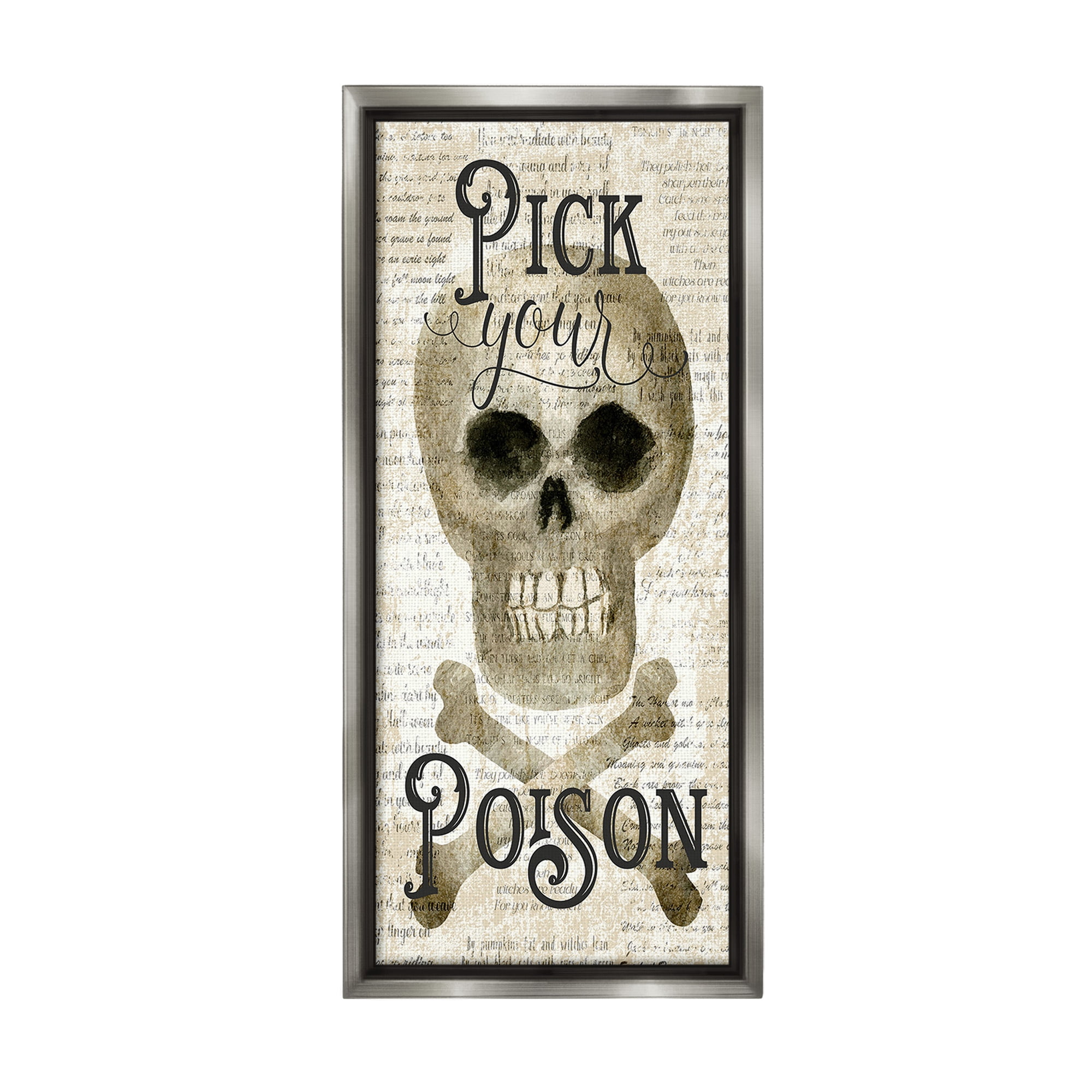 Stupell Industries Pick Your Poison Skull Holiday Painting Gray Floater Framed Canvas Art Print Wall Art, 14 x 31