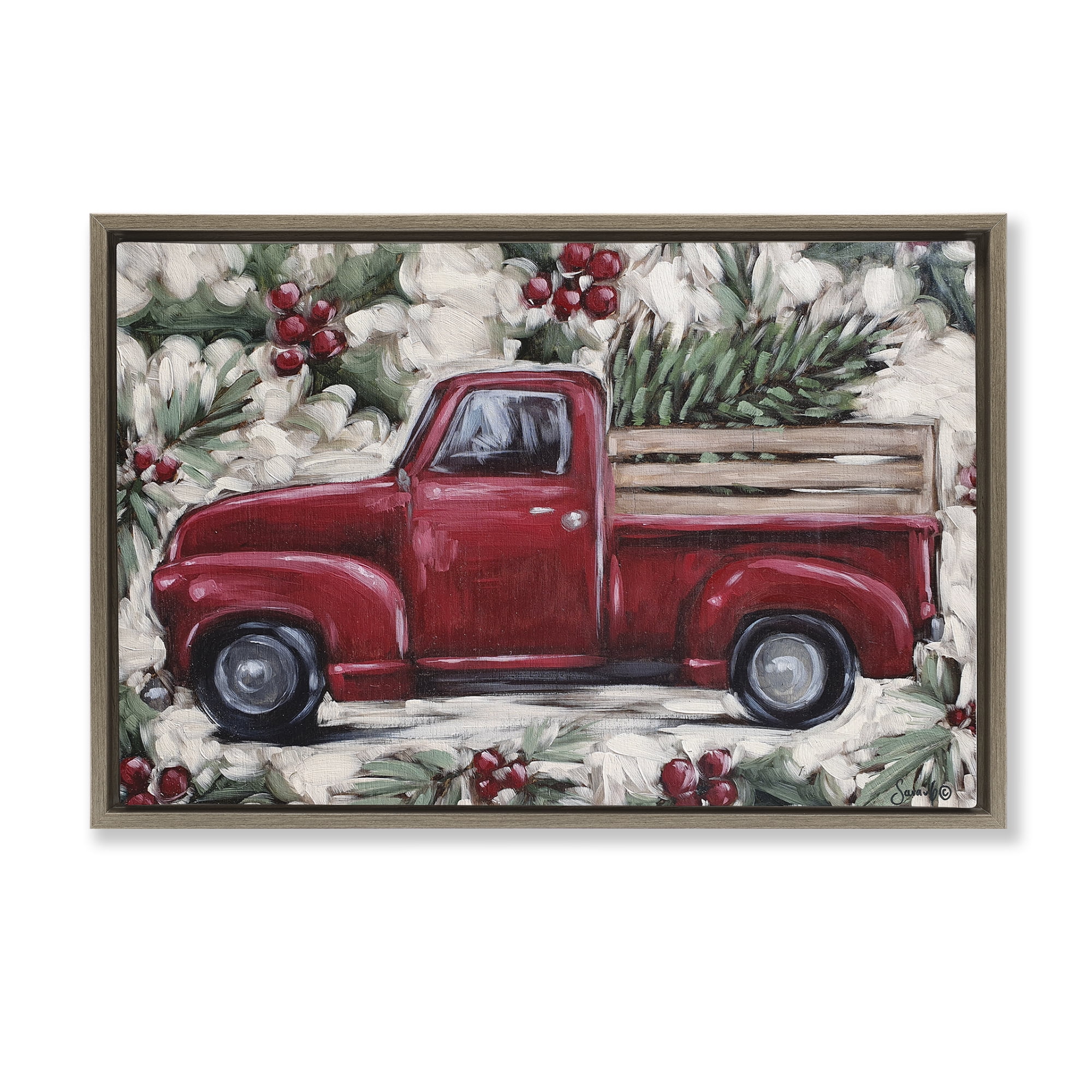 Stupell Industries Pickup & Festive Holly Holiday Painting Brown Floater Framed Art Print Wall Art, 25 x 17