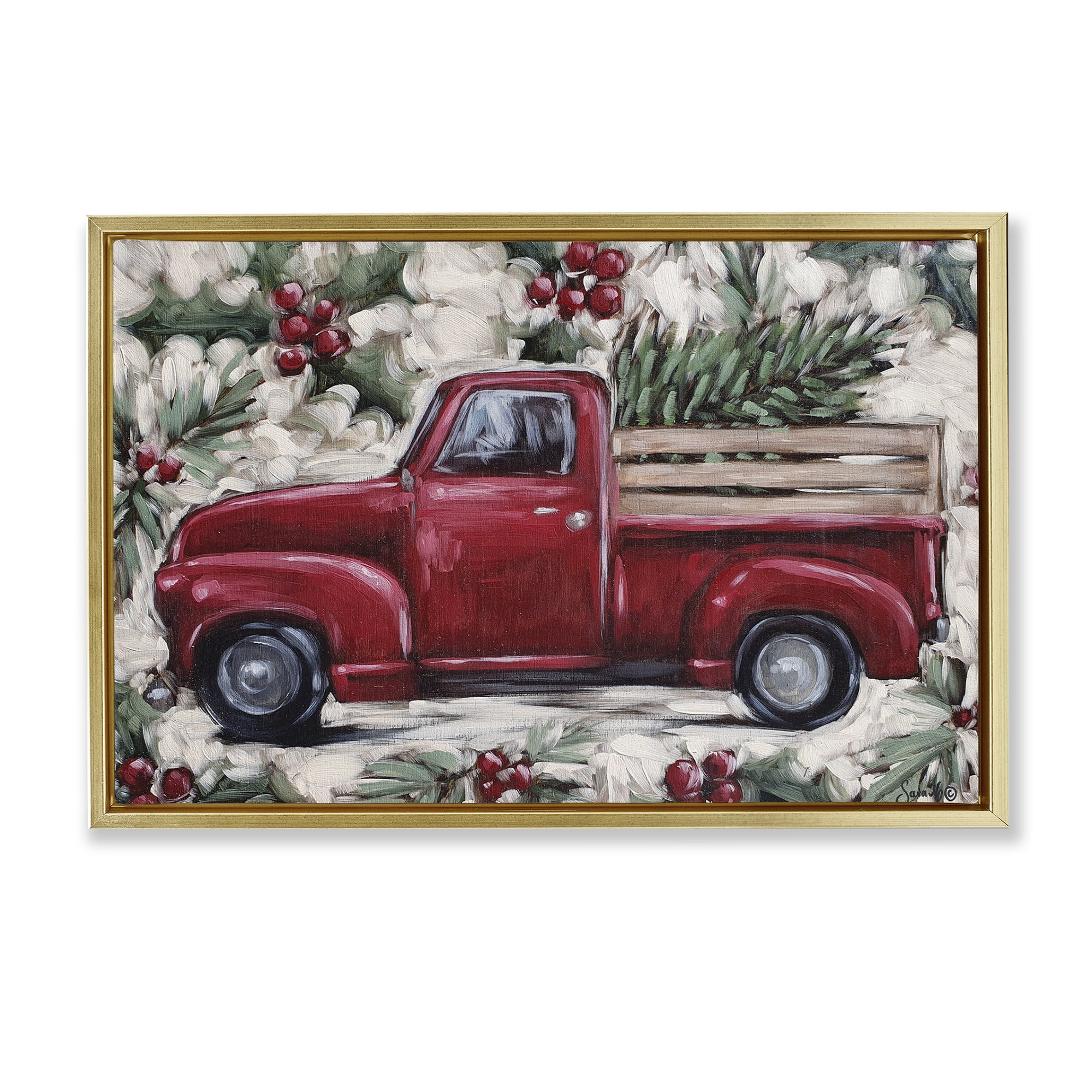 Stupell Industries Pickup & Festive Holly Holiday Painting Gold Floater Framed Art Print Wall Art, 31 x 21