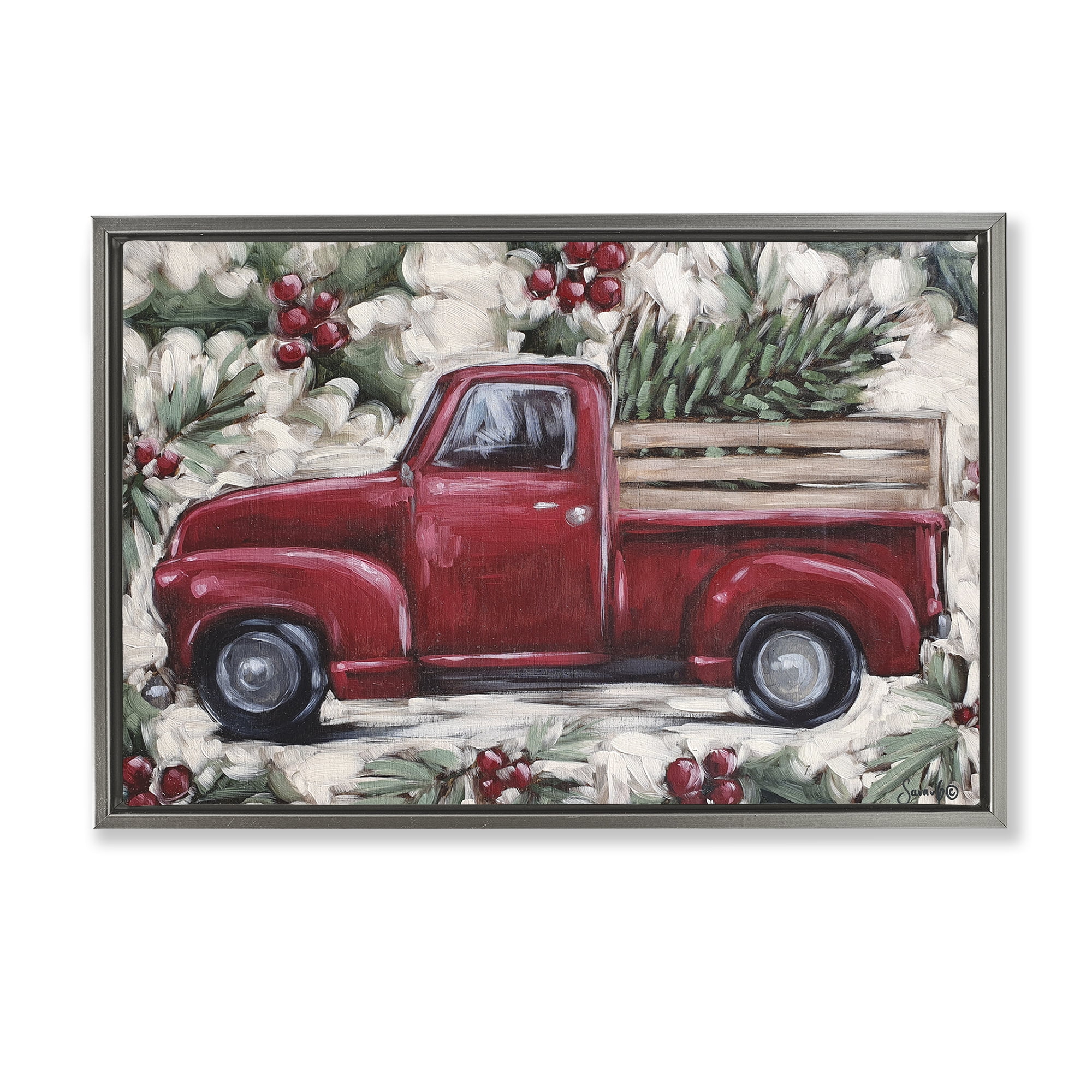 Stupell Industries Pickup & Festive Holly Holiday Painting Gray Floater Framed Art Print Wall Art, 31 x 21