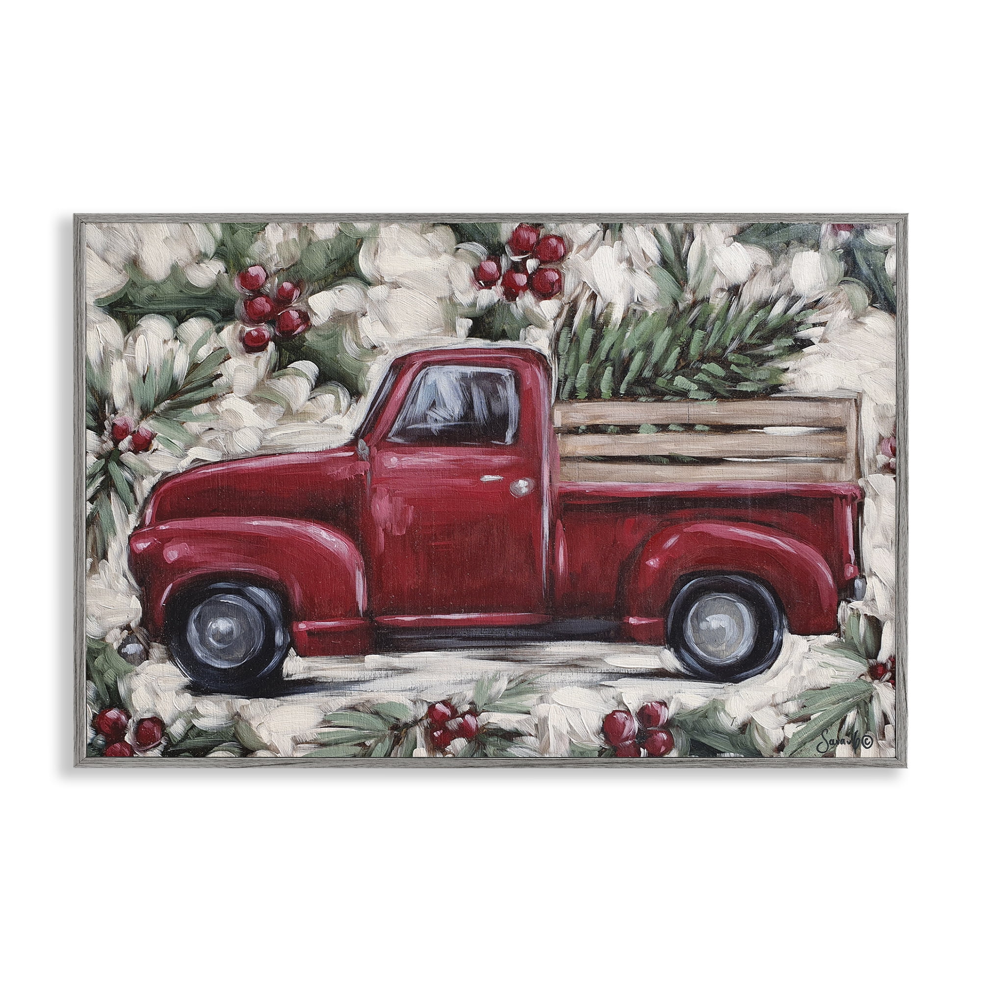 Stupell Industries Pickup & Festive Holly Holiday Painting Gray Framed Art Print Wall Art, 24 x 16