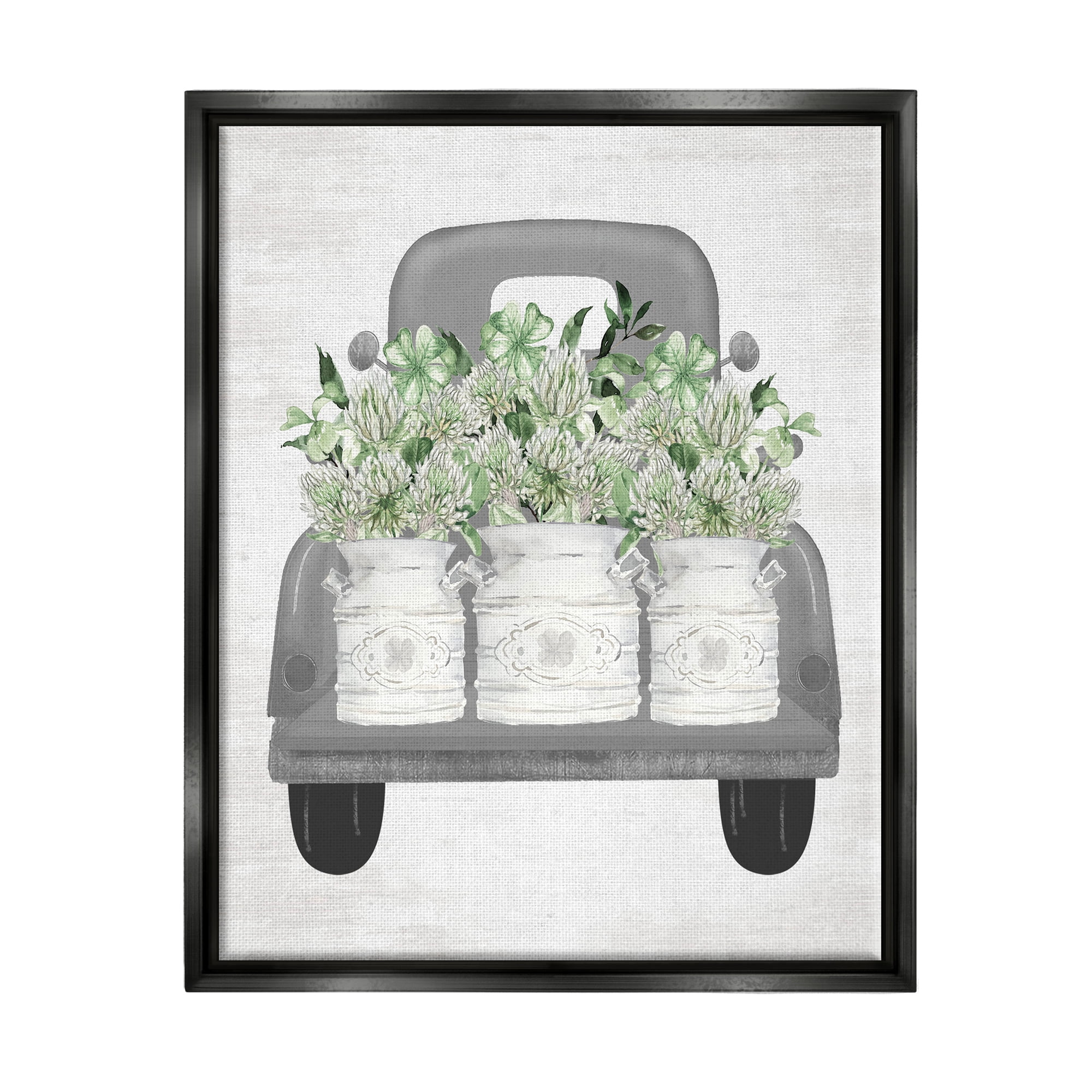 Stupell Industries Pickup Truck with Greenery Botanical & Floral Painting Black Floater Framed Canvas Art Print Wall Art, 25 x 31