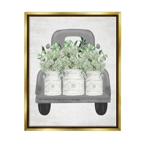 Stupell Industries Pickup Truck with Greenery Botanical & Floral Painting Gold Floater Framed Canvas Art Print Wall Art, 17 x 21