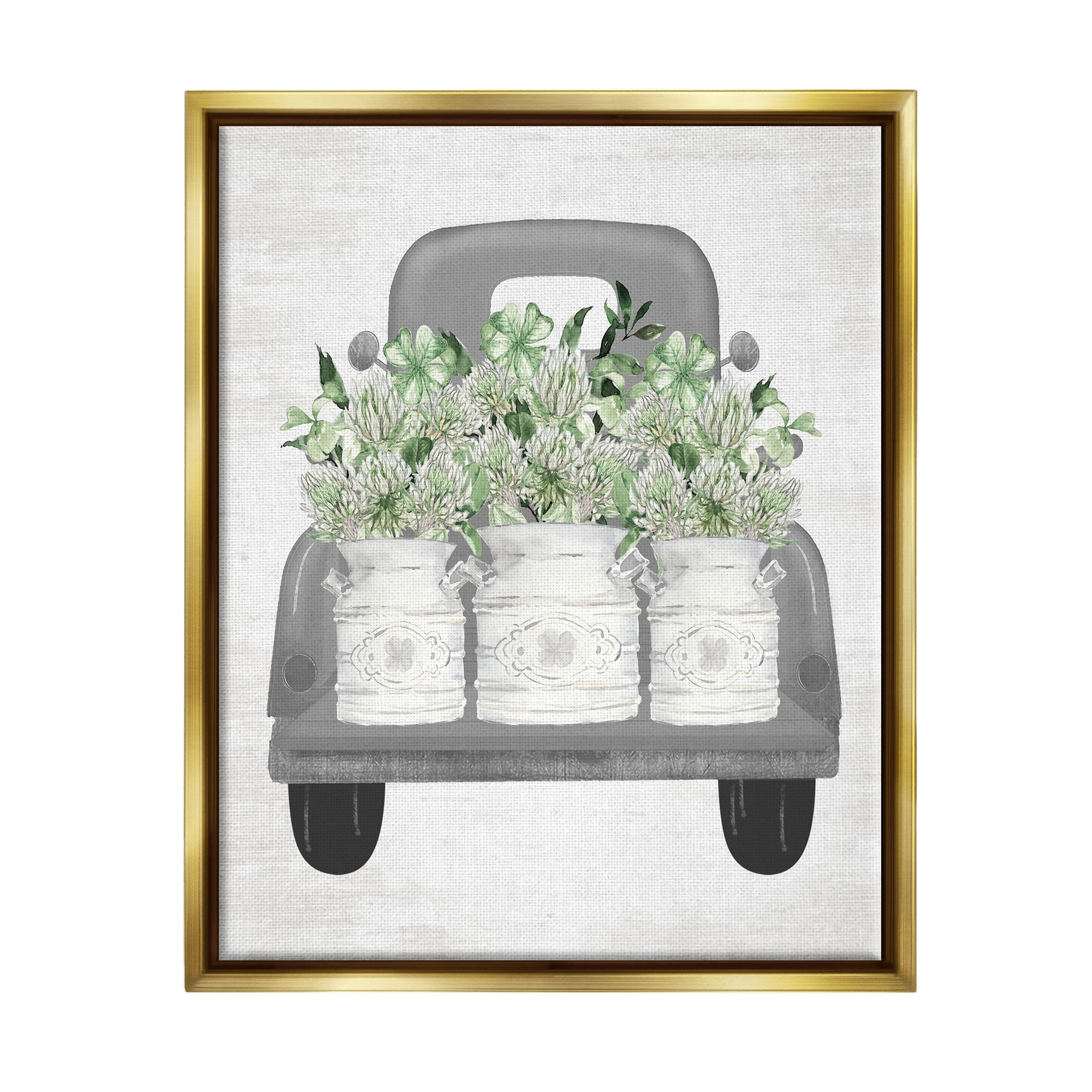 Stupell Industries Pickup Truck with Greenery Botanical & Floral Painting Gold Floater Framed Canvas Art Print Wall Art, 25 x 31