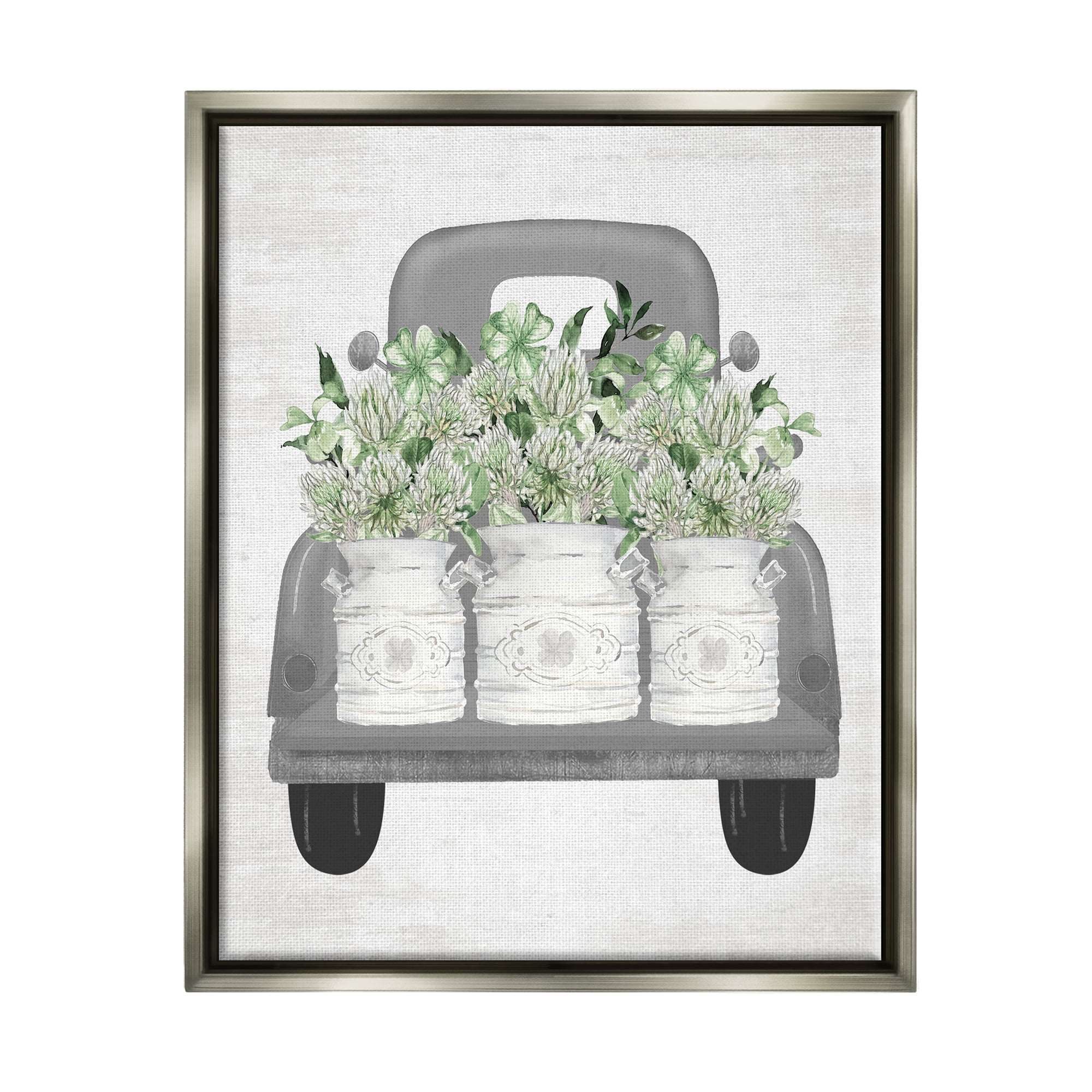 Stupell Industries Pickup Truck with Greenery Botanical & Floral Painting Gray Floater Framed Canvas Art Print Wall Art, 25 x 31