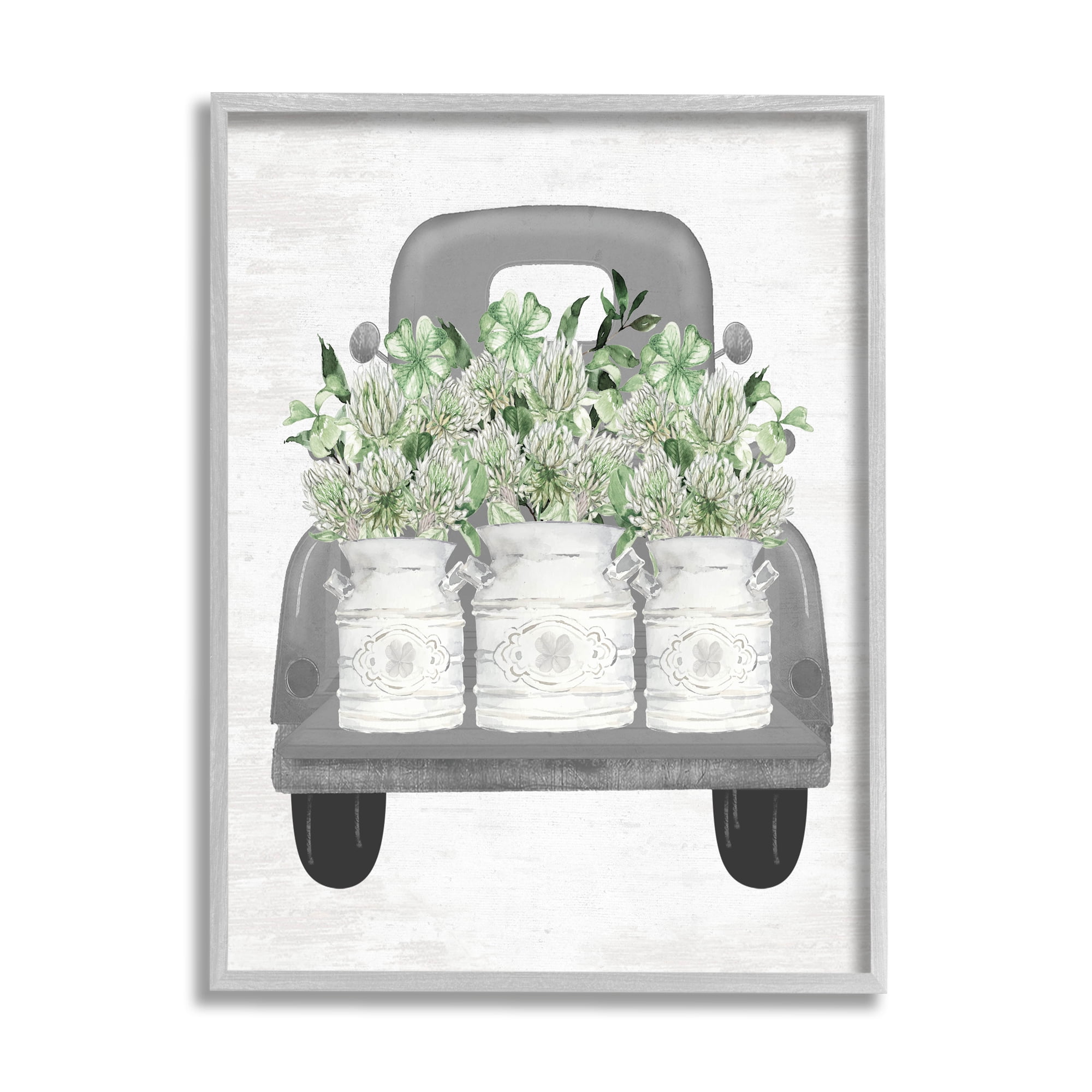 Stupell Industries Pickup Truck with Greenery Botanical & Floral Painting Gray Framed Art Print Wall Art, 11 x 14