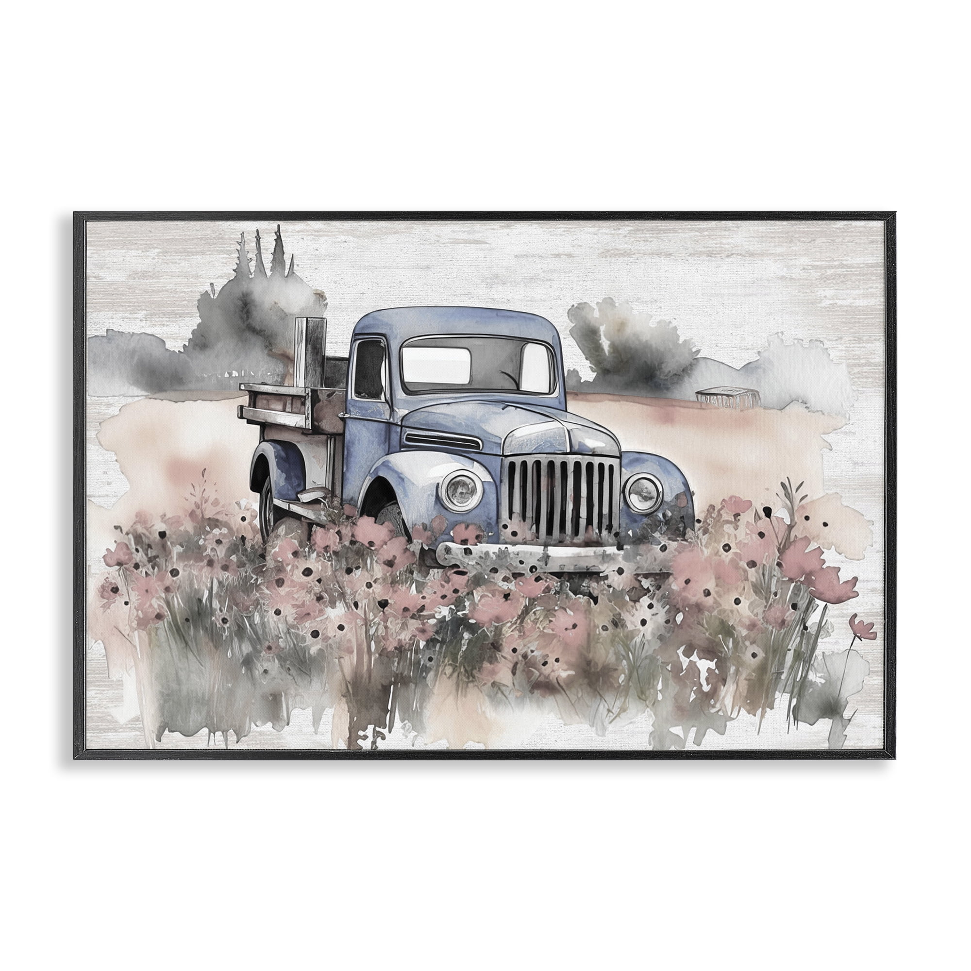 Stupell Industries Pickup in Floral Meadow Transportation Painting Black Framed Art Print Wall Art, 18 x 12