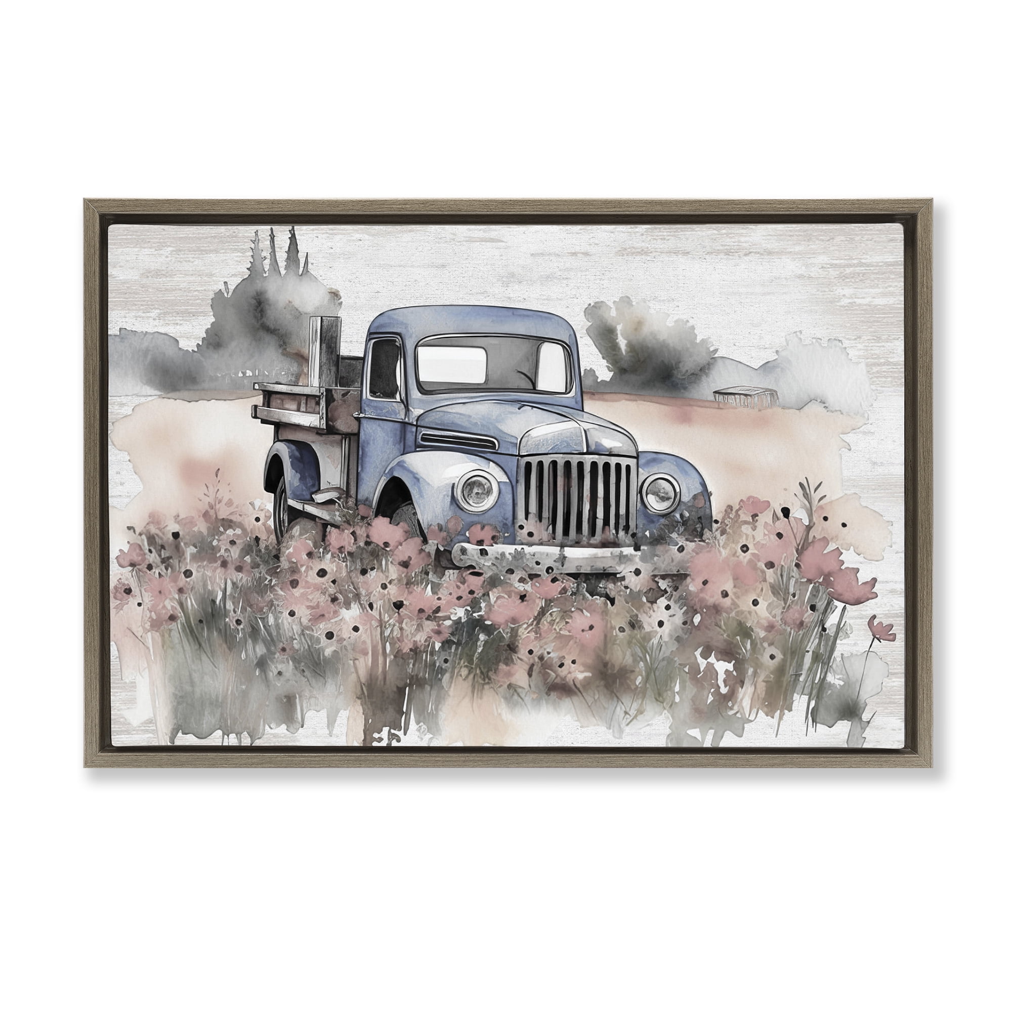 Stupell Industries Pickup in Floral Meadow Transportation Painting Brown Floater Framed Canvas Art Print Wall Art, 31 x 21