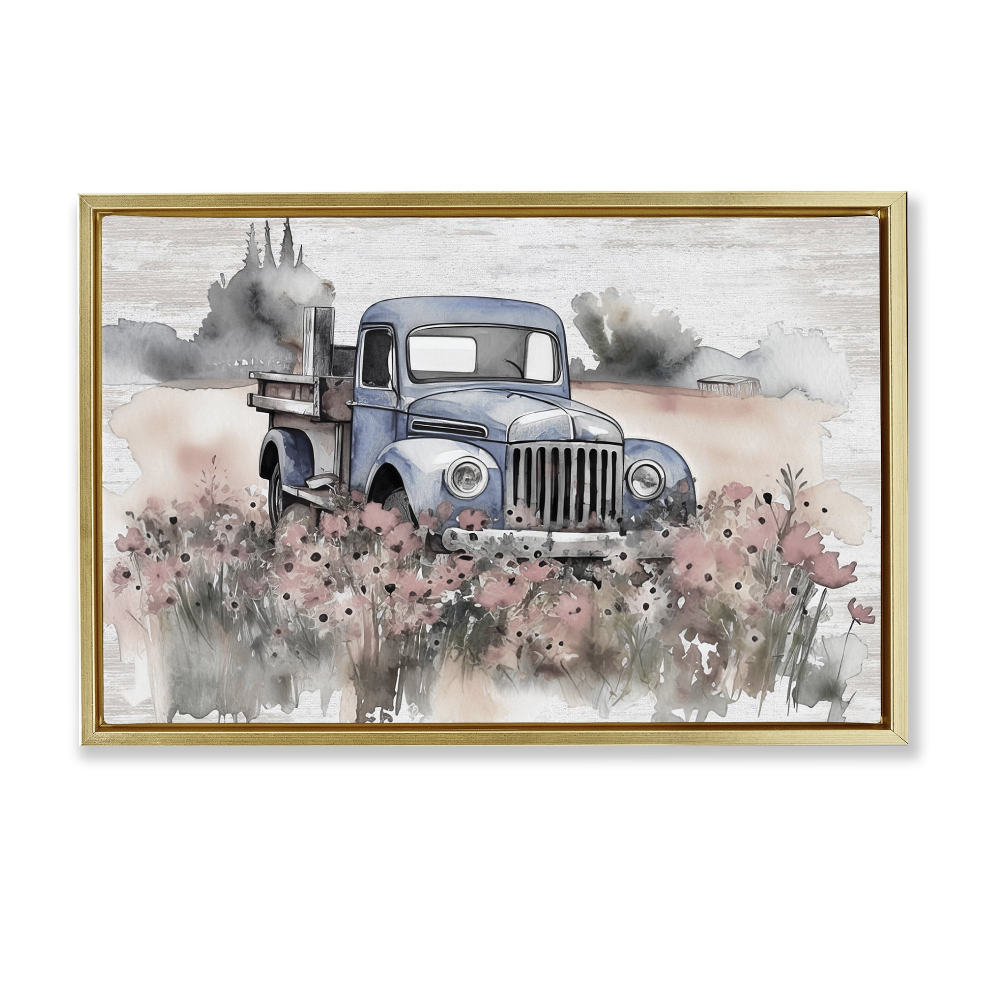 Stupell Industries Pickup in Floral Meadow Transportation Painting Gold Floater Framed Canvas Art Print Wall Art, 31 x 21