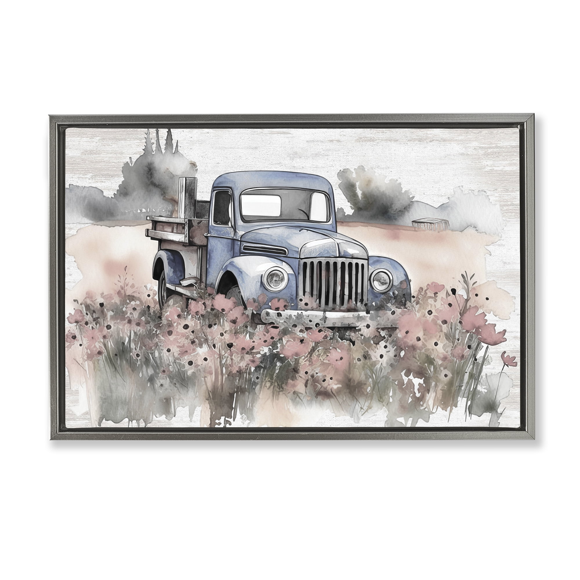 Stupell Industries Pickup in Floral Meadow Transportation Painting Gray Floater Framed Canvas Art Print Wall Art, 31 x 21