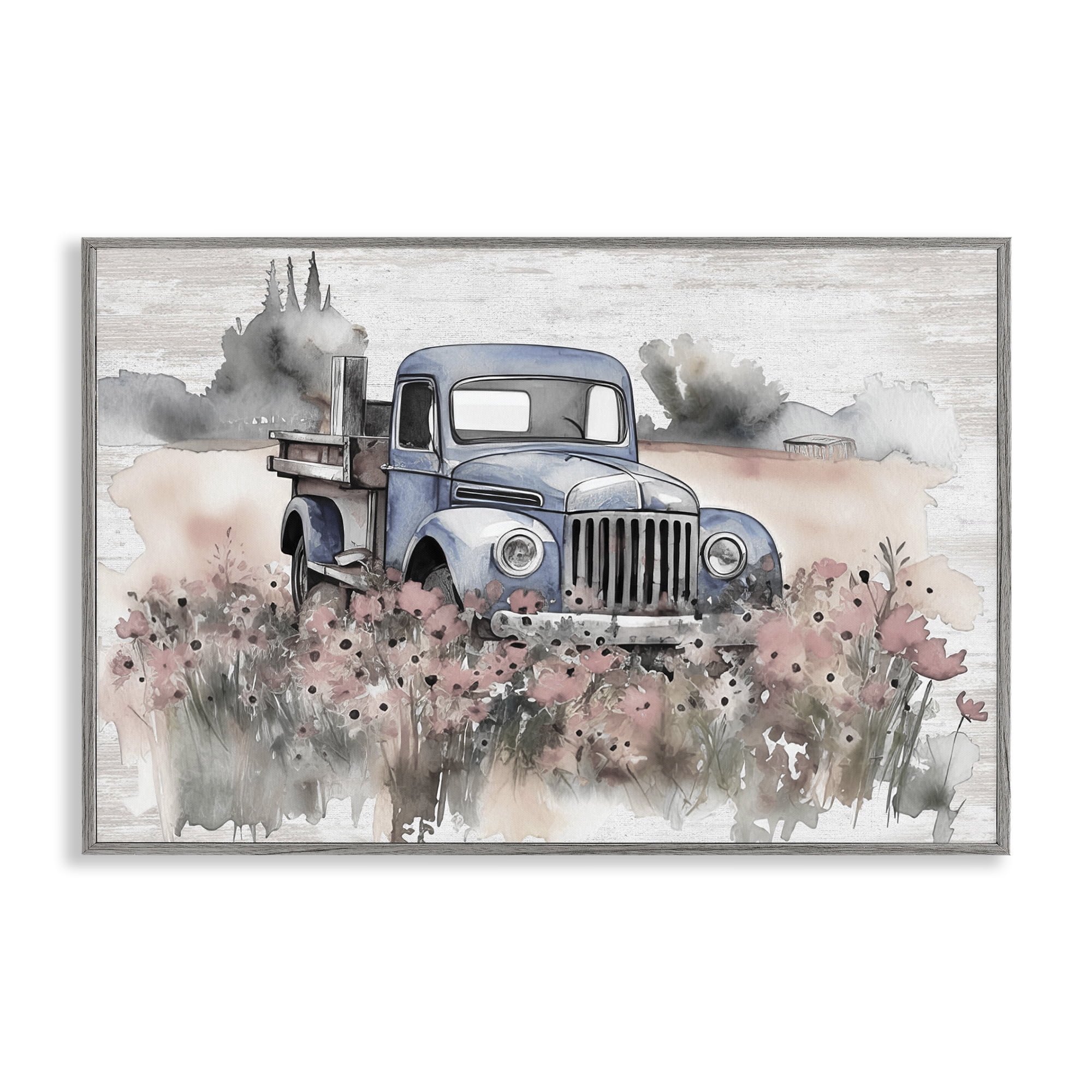 Stupell Industries Pickup in Floral Meadow Transportation Painting Gray Framed Art Print Wall Art, 18 x 12