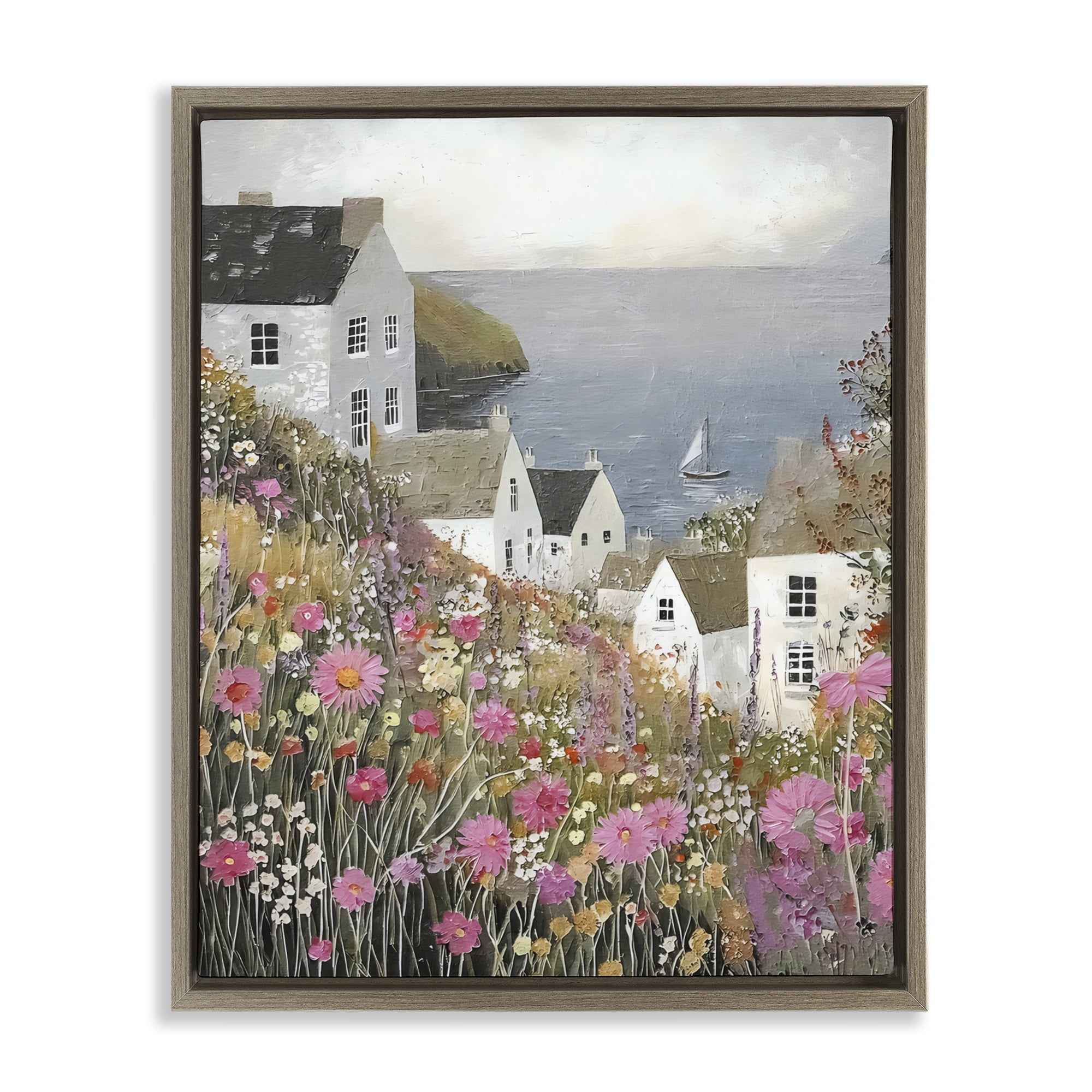 Stupell Industries Picturesque Village over Sea Brown Framed Floater Canvas Wall Art, design by Riley B