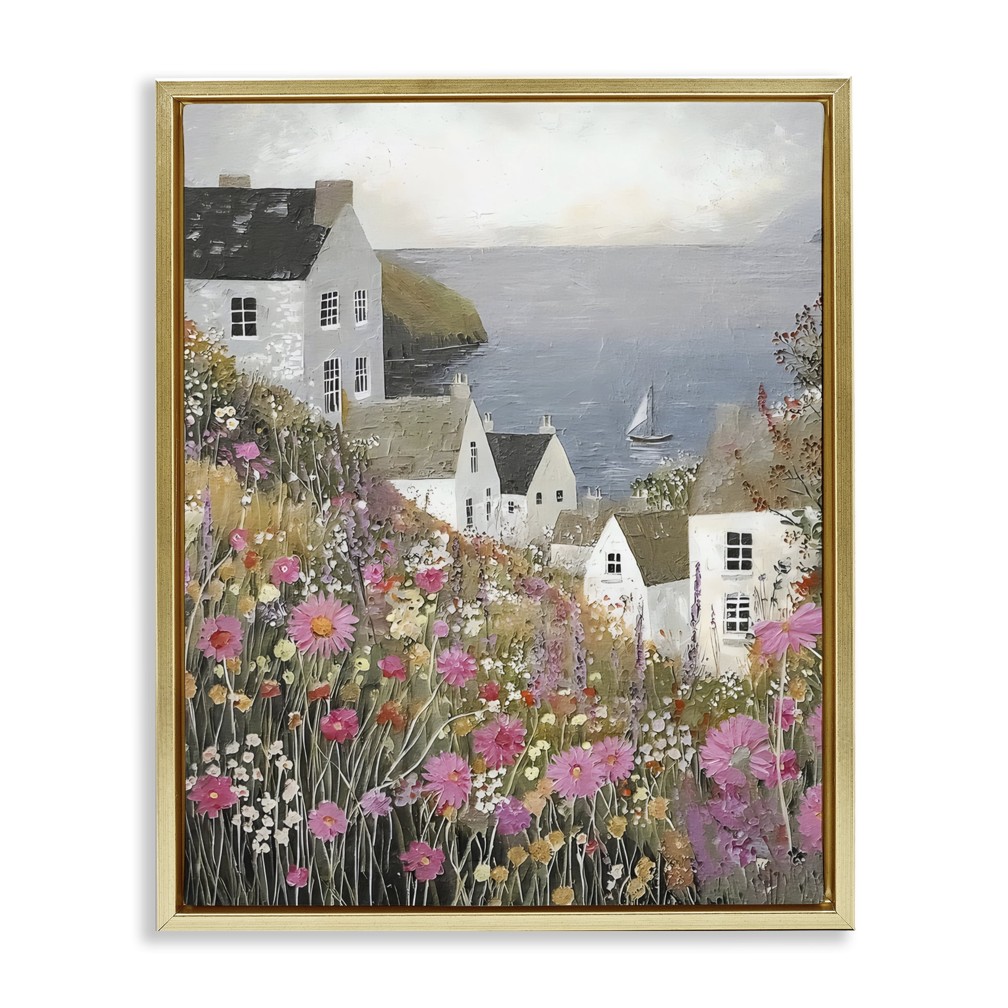 Stupell Industries Picturesque Village over Sea Gold Framed Floater Canvas Wall Art, design by Riley B