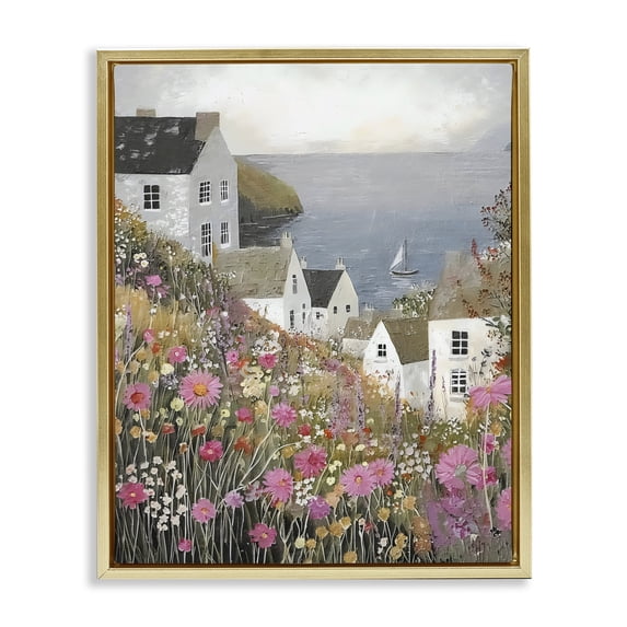 Stupell Industries Rustic Lodge Picturesque Village over Sea Gold Floating Frame Canvas Art, 17 x 21, by Riley B